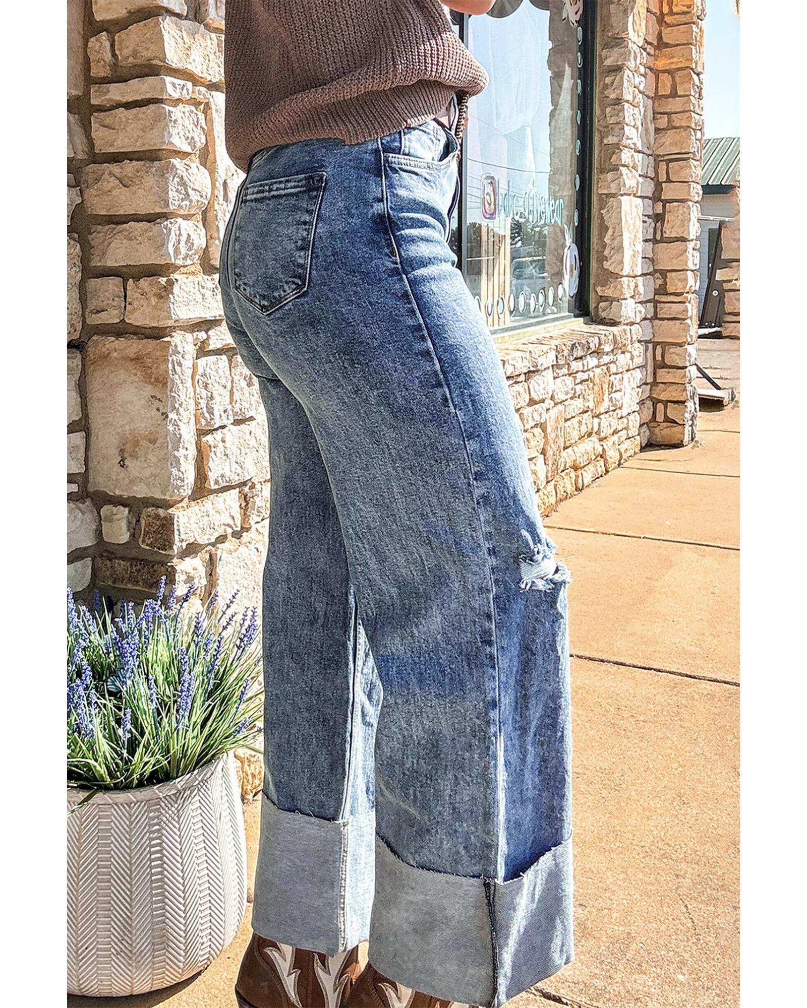 Ashleigh Blue Mineral Wash Bottom Cuff Distressed Wide Leg Jeans - 14 US