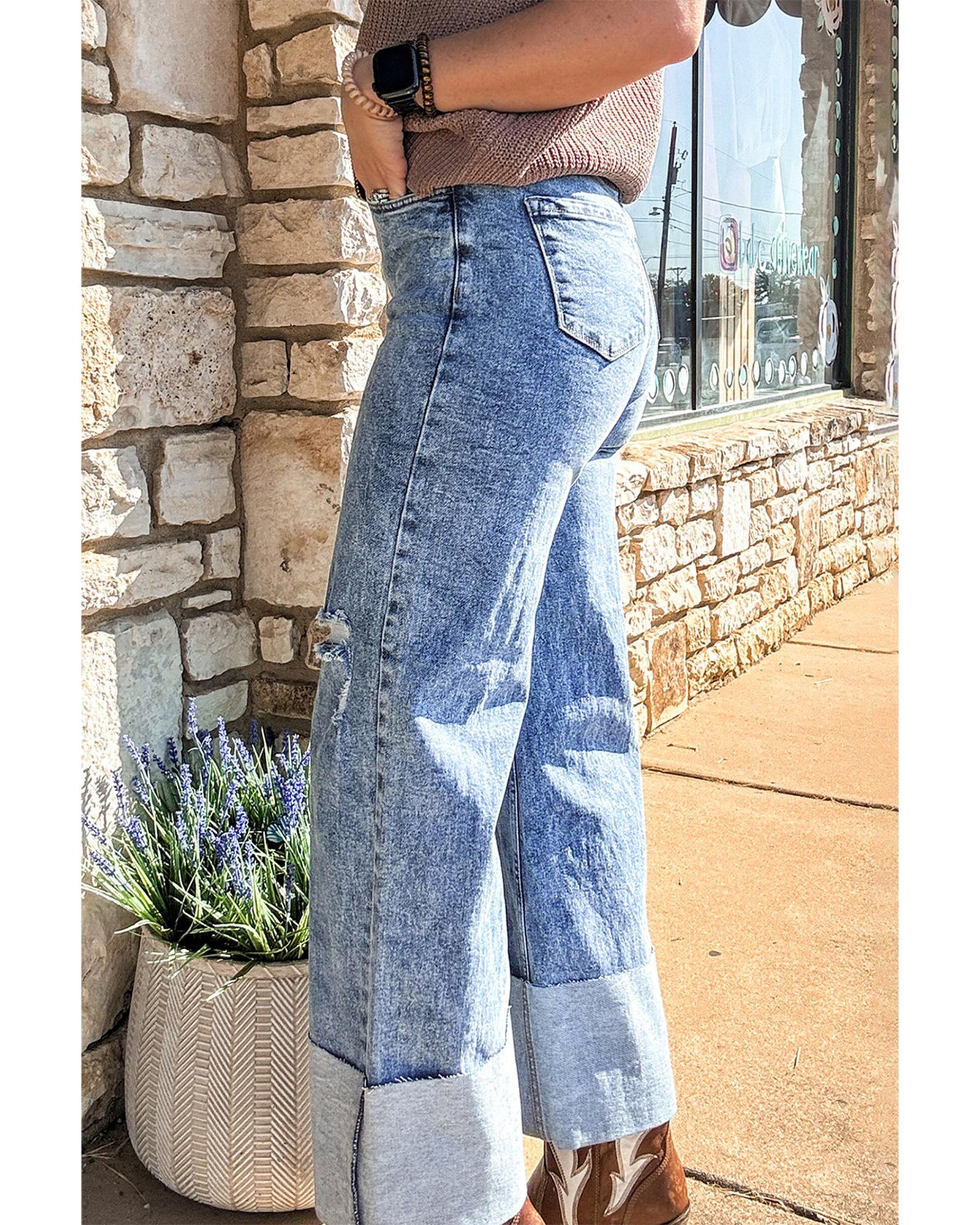 Ashleigh Blue Mineral Wash Bottom Cuff Distressed Wide Leg Jeans - 14 US 5