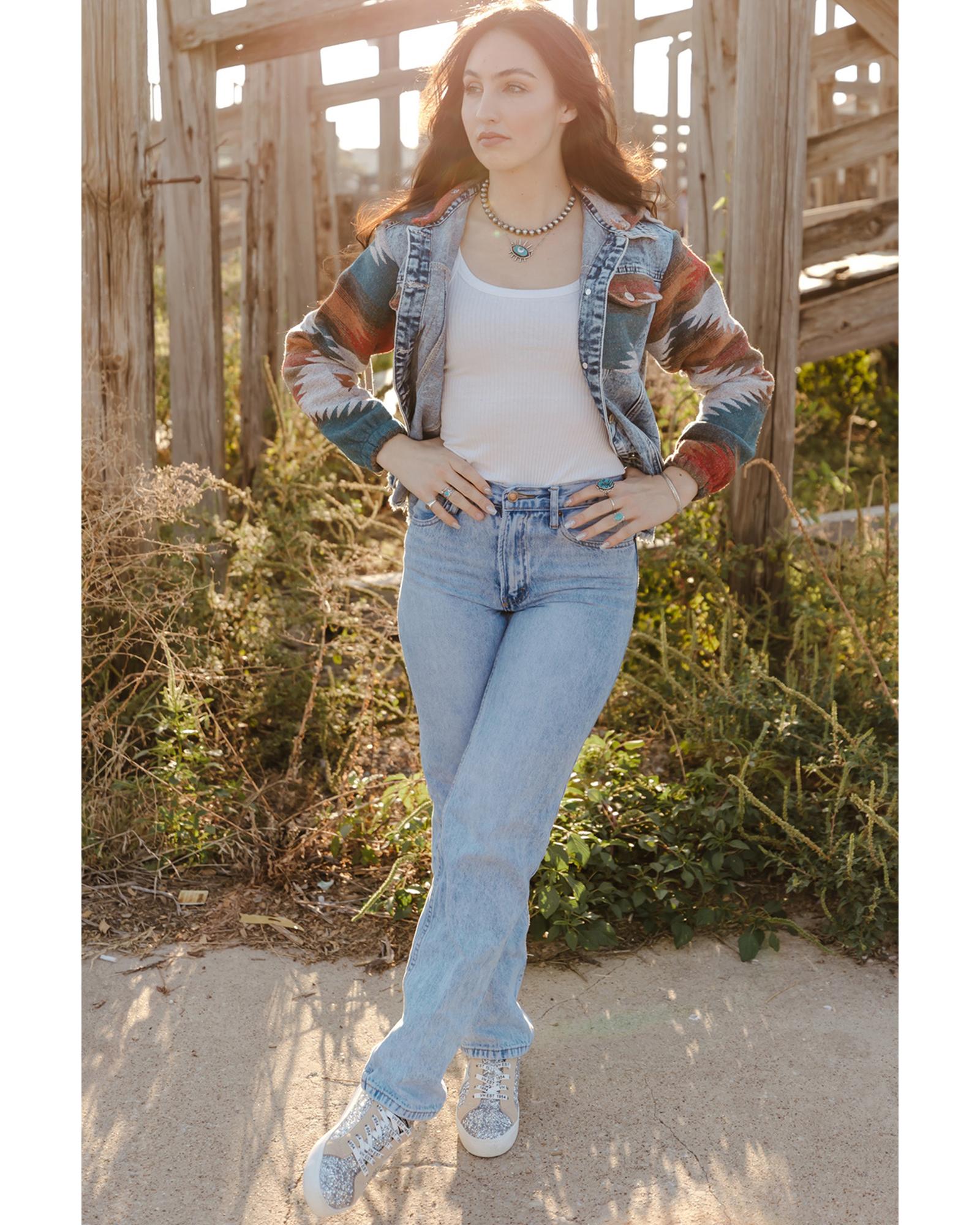 Azura Exchange Multicolor Aztec Print Frayed Hem Denim Jacket - 2XL