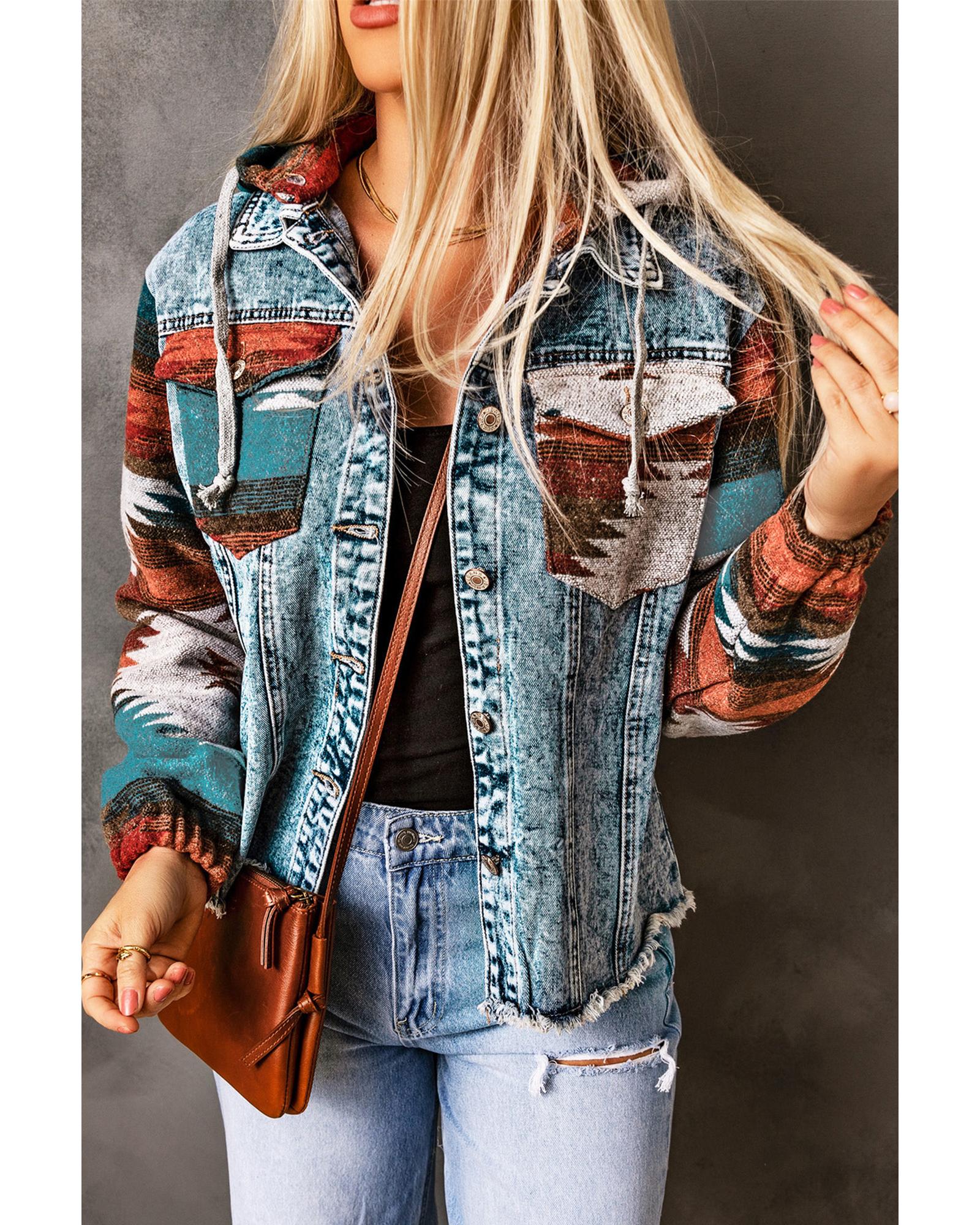 Azura Exchange Multicolor Aztec Print Frayed Hem Denim Jacket - L