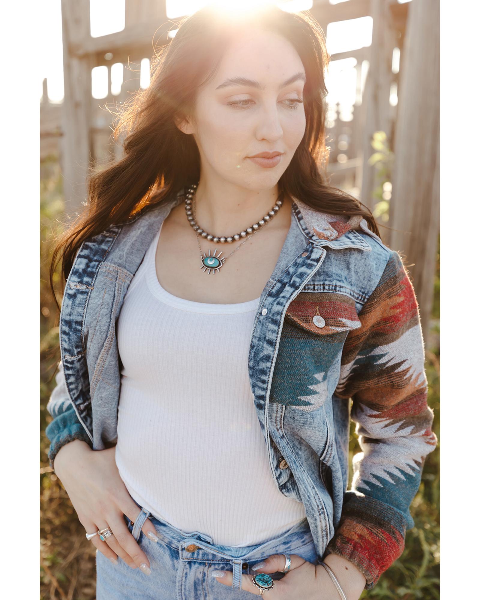Azura Exchange Multicolor Aztec Print Frayed Hem Denim Jacket - M 5