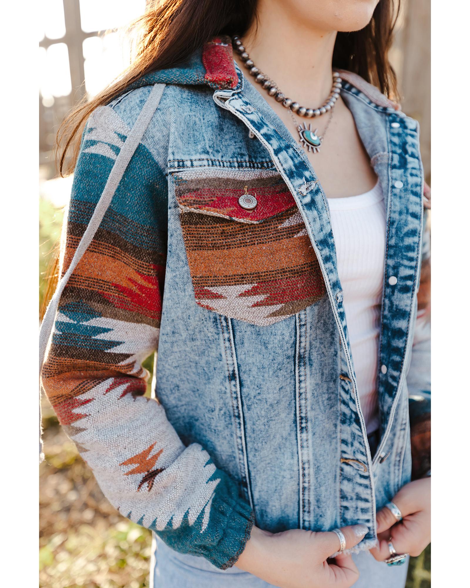 Azura Exchange Multicolor Aztec Print Frayed Hem Denim Jacket - XL 3