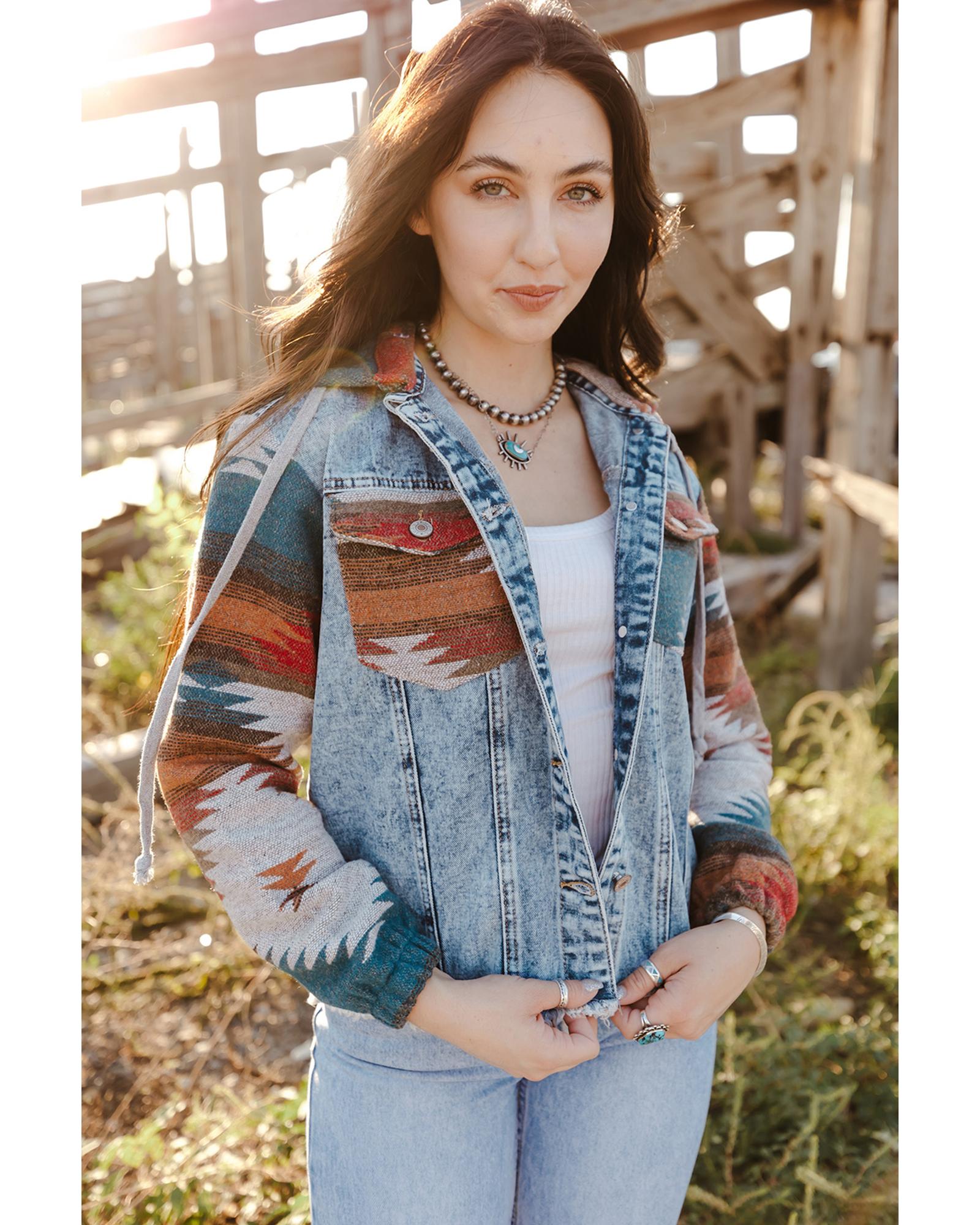 Azura Exchange Multicolor Aztec Print Frayed Hem Denim Jacket - XL 8
