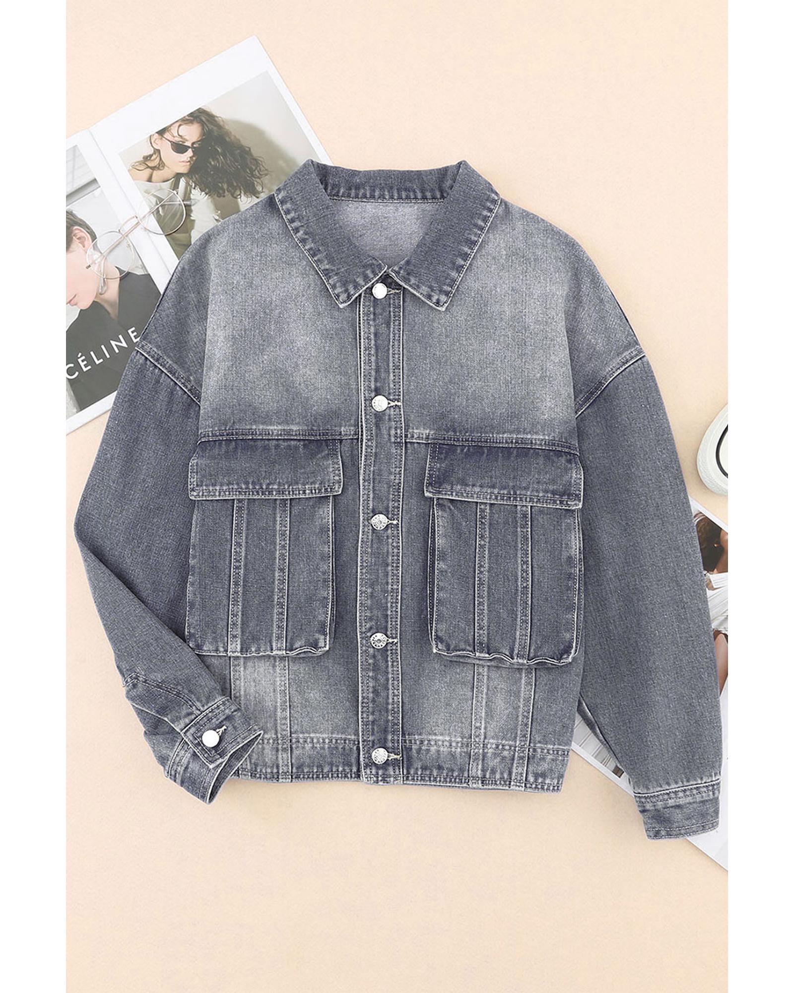 Gray Chest Pockets Drop Shoulder Loose Denim Jacket - L 3