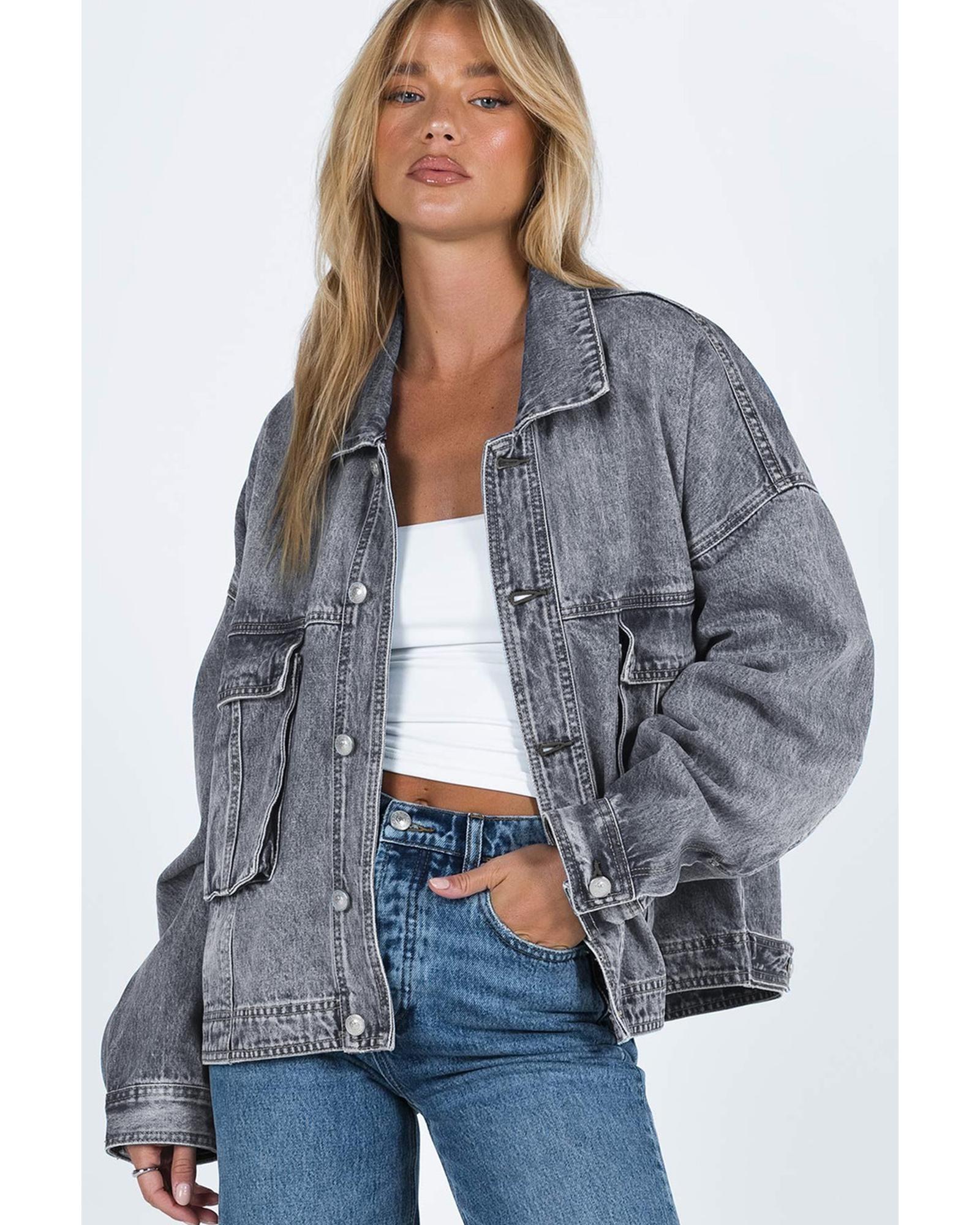 Gray Chest Pockets Drop Shoulder Loose Denim Jacket - M 4