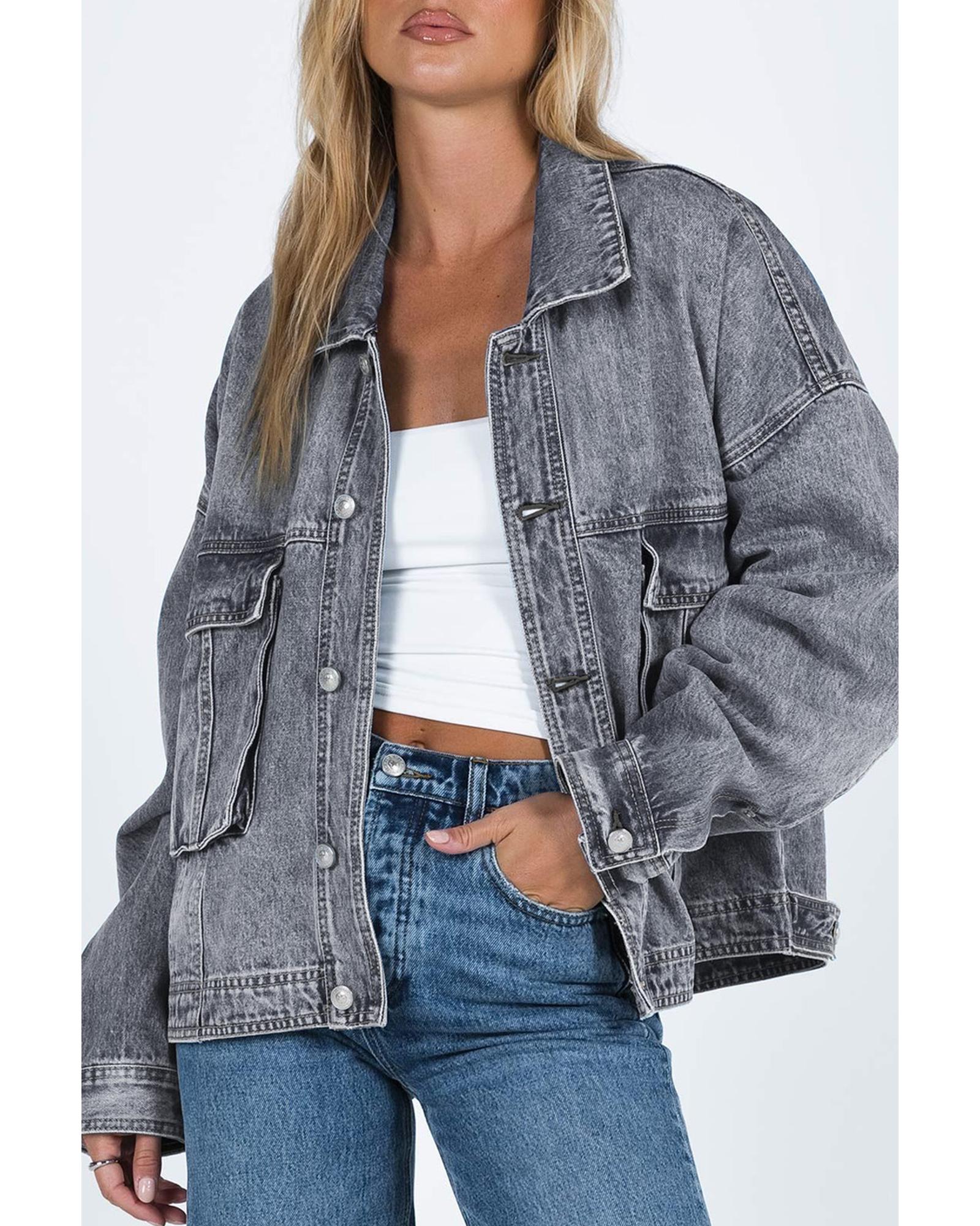 Gray Chest Pockets Drop Shoulder Loose Denim Jacket - S