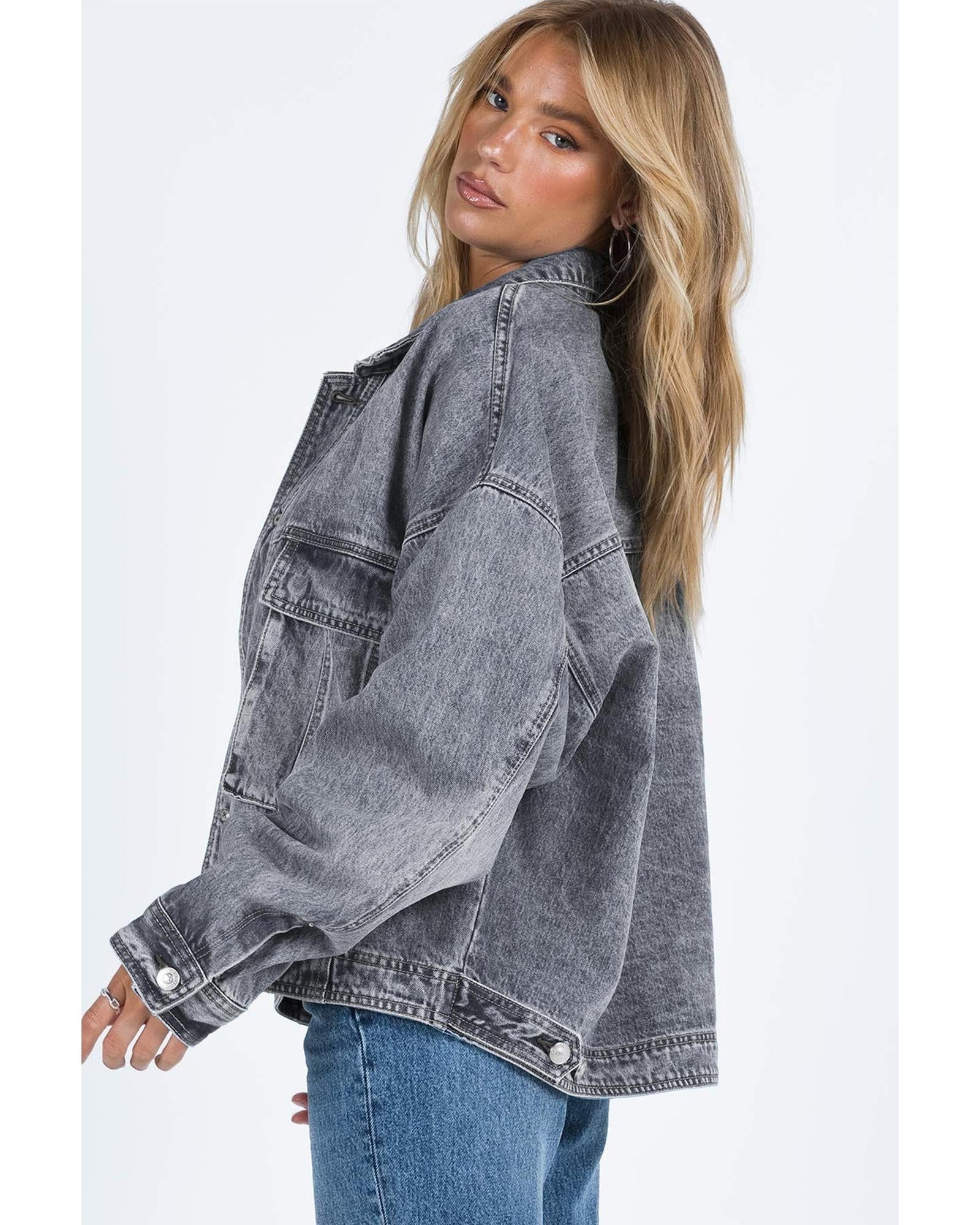 Gray Chest Pockets Drop Shoulder Loose Denim Jacket - S 5