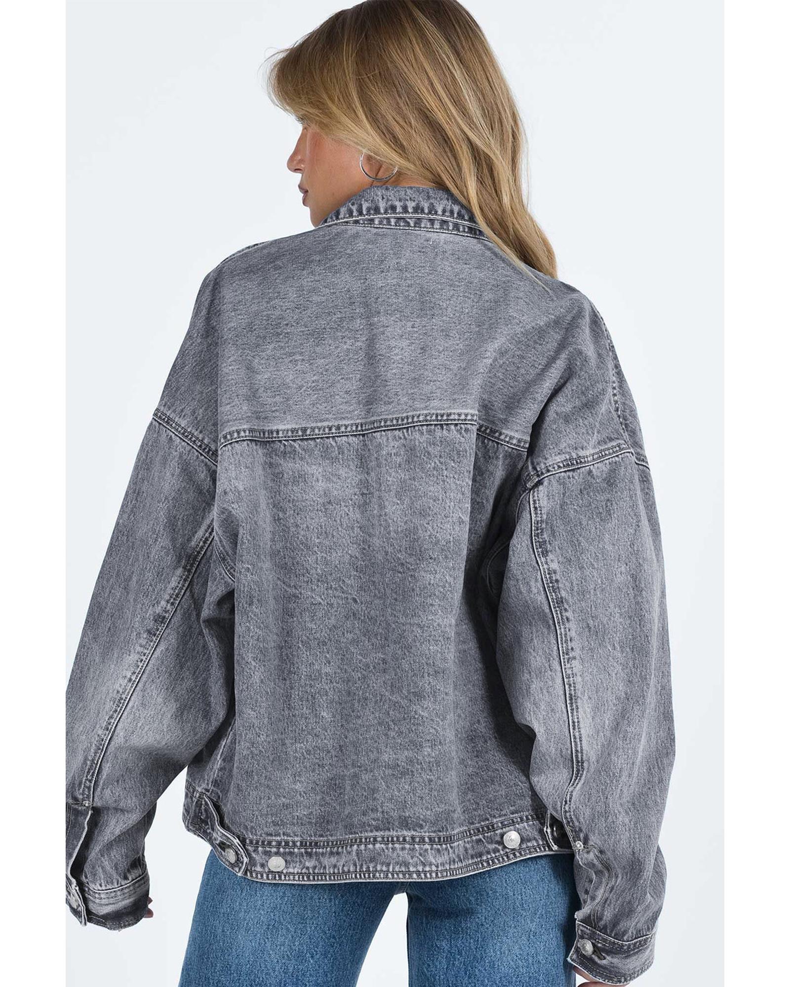 Gray Chest Pockets Drop Shoulder Loose Denim Jacket - S 6