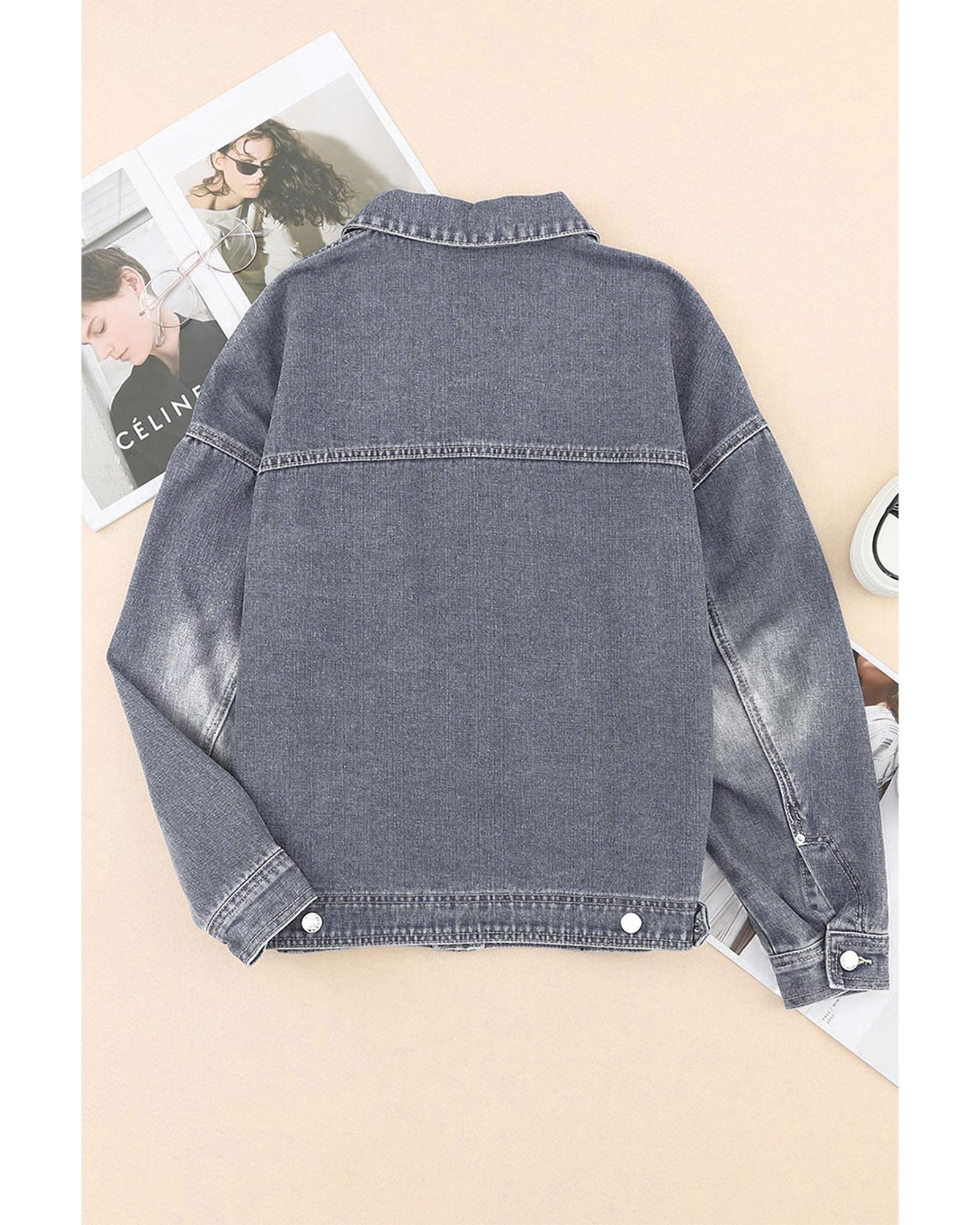 Gray Chest Pockets Drop Shoulder Loose Denim Jacket - S 8