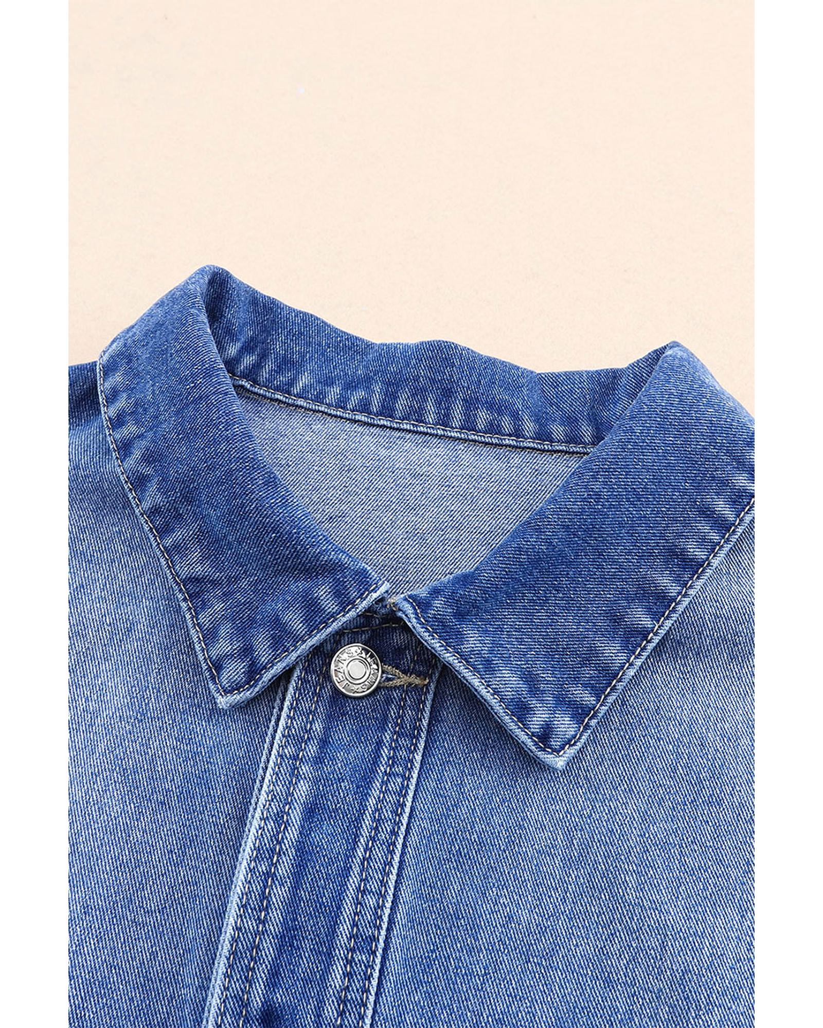 Blue Chest Pockets Drop Shoulder Loose Denim Jacket - L 7