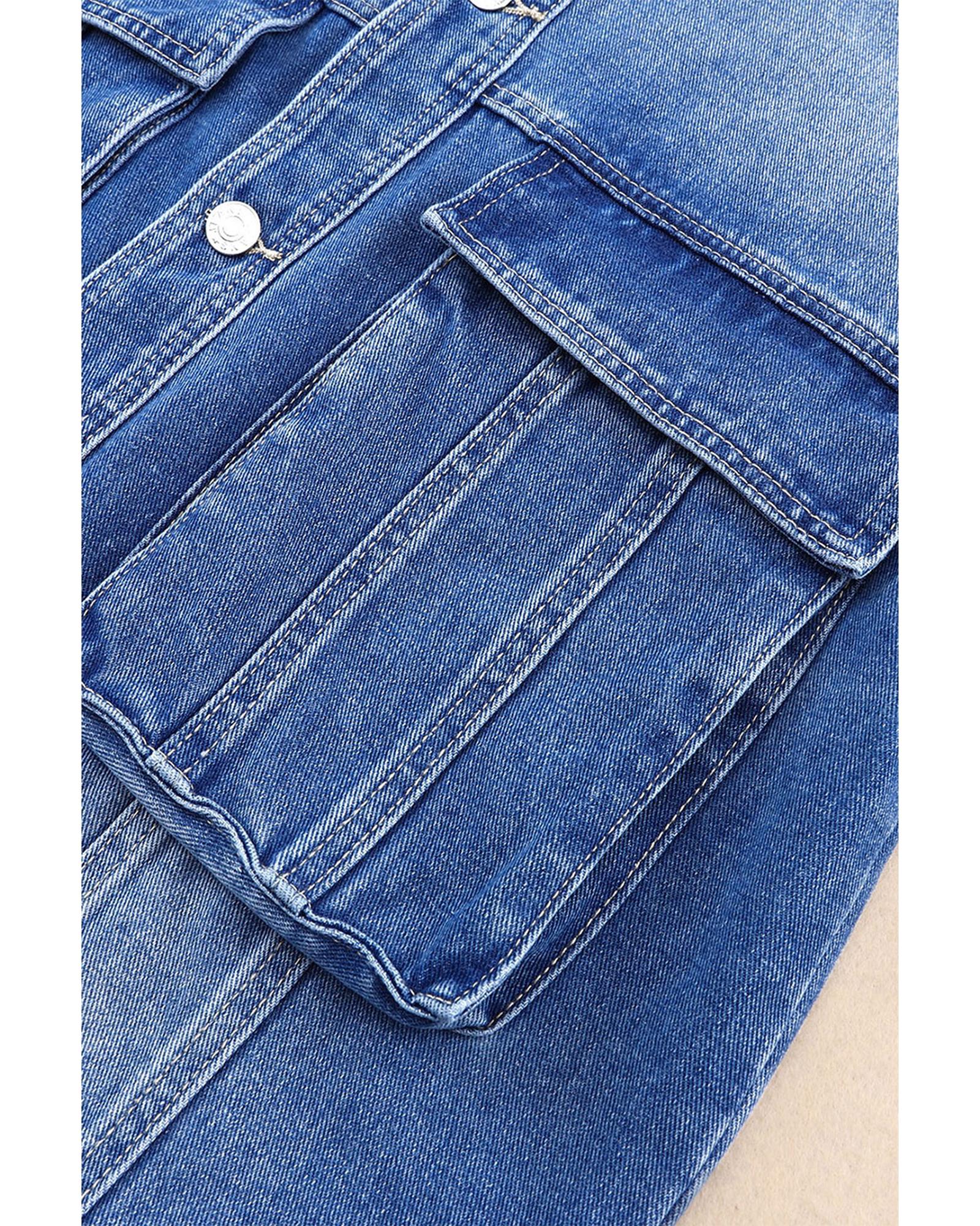 Blue Chest Pockets Drop Shoulder Loose Denim Jacket - S 4