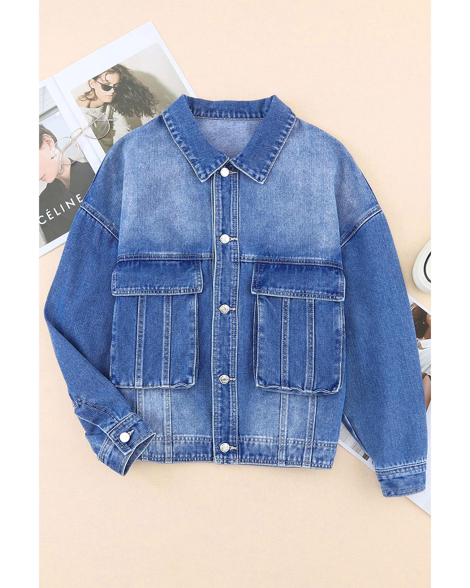 Blue Chest Pockets Drop Shoulder Loose Denim Jacket - S 6