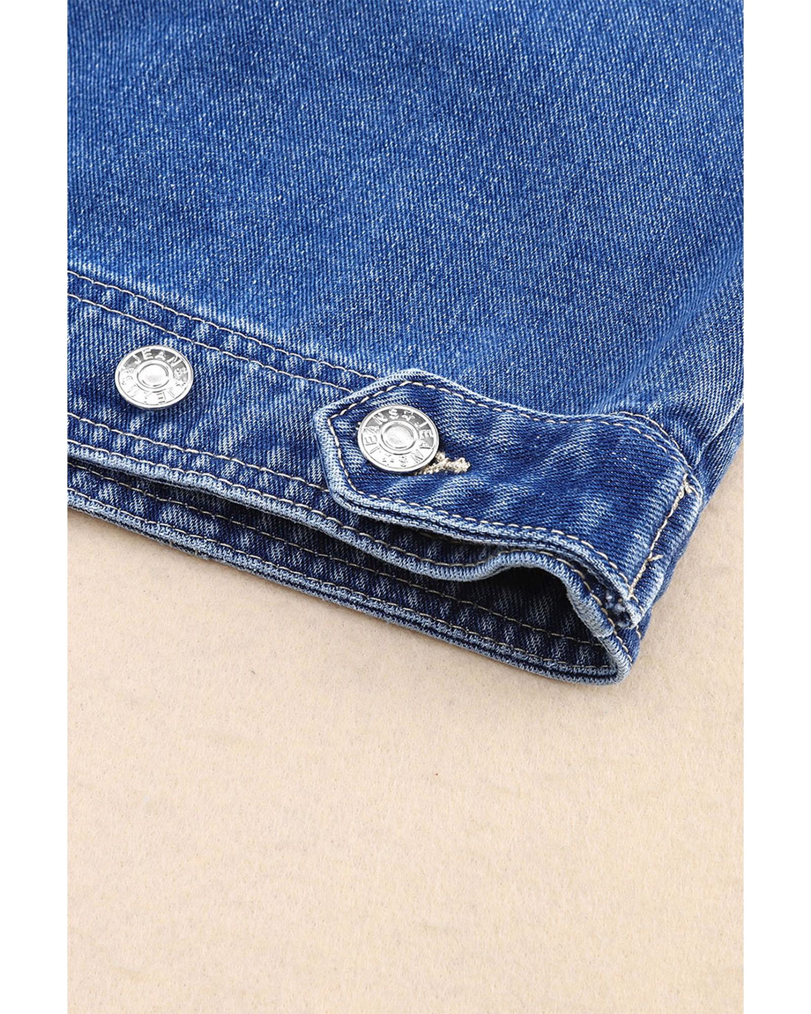 Blue Chest Pockets Drop Shoulder Loose Denim Jacket - S 8