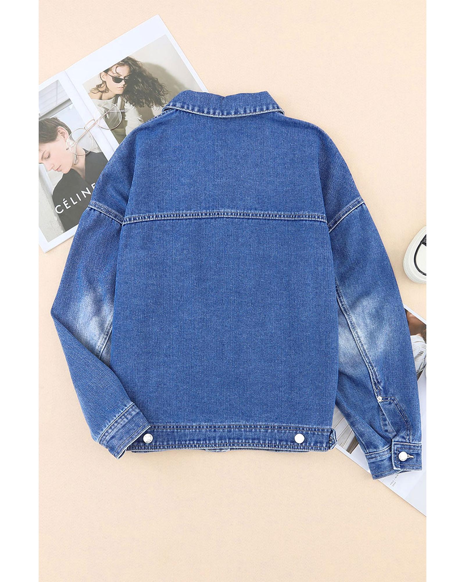 Blue Chest Pockets Drop Shoulder Loose Denim Jacket - XL 4