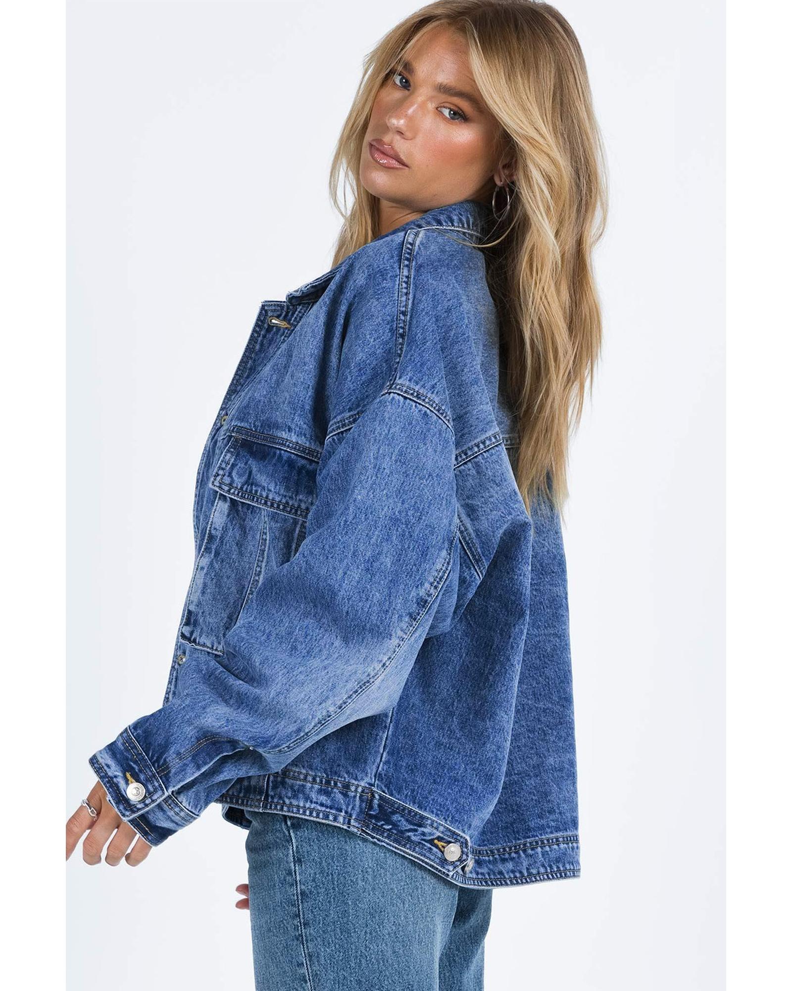 Blue Chest Pockets Drop Shoulder Loose Denim Jacket - XL 5