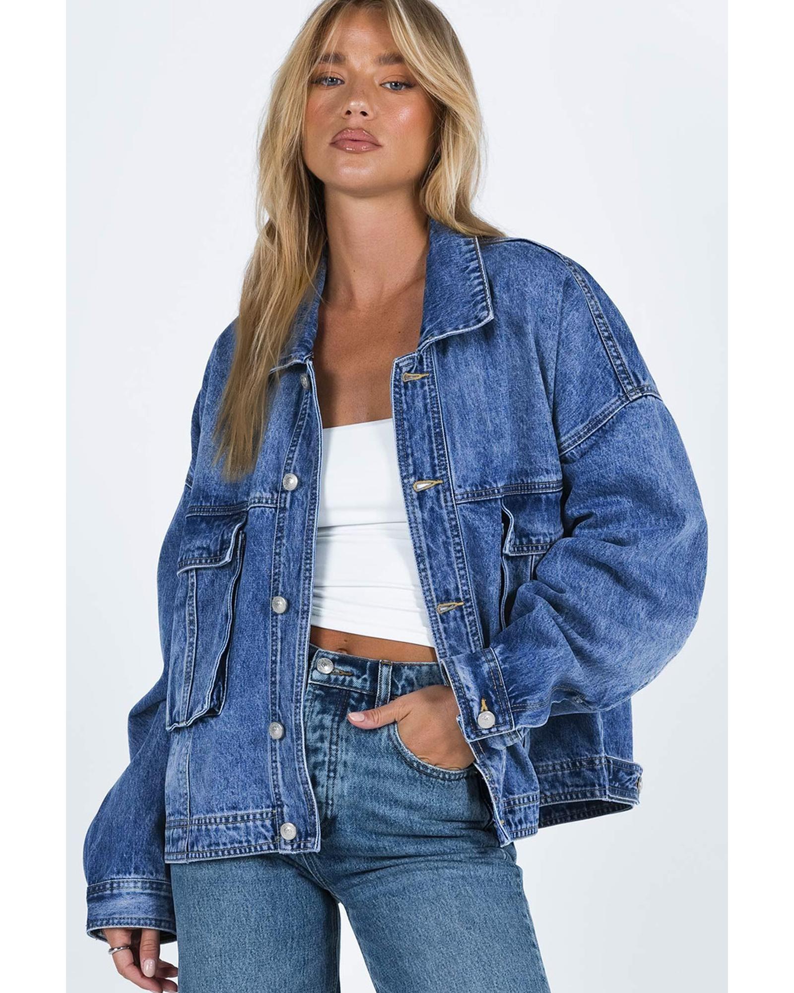 Blue Chest Pockets Drop Shoulder Loose Denim Jacket - XL 6