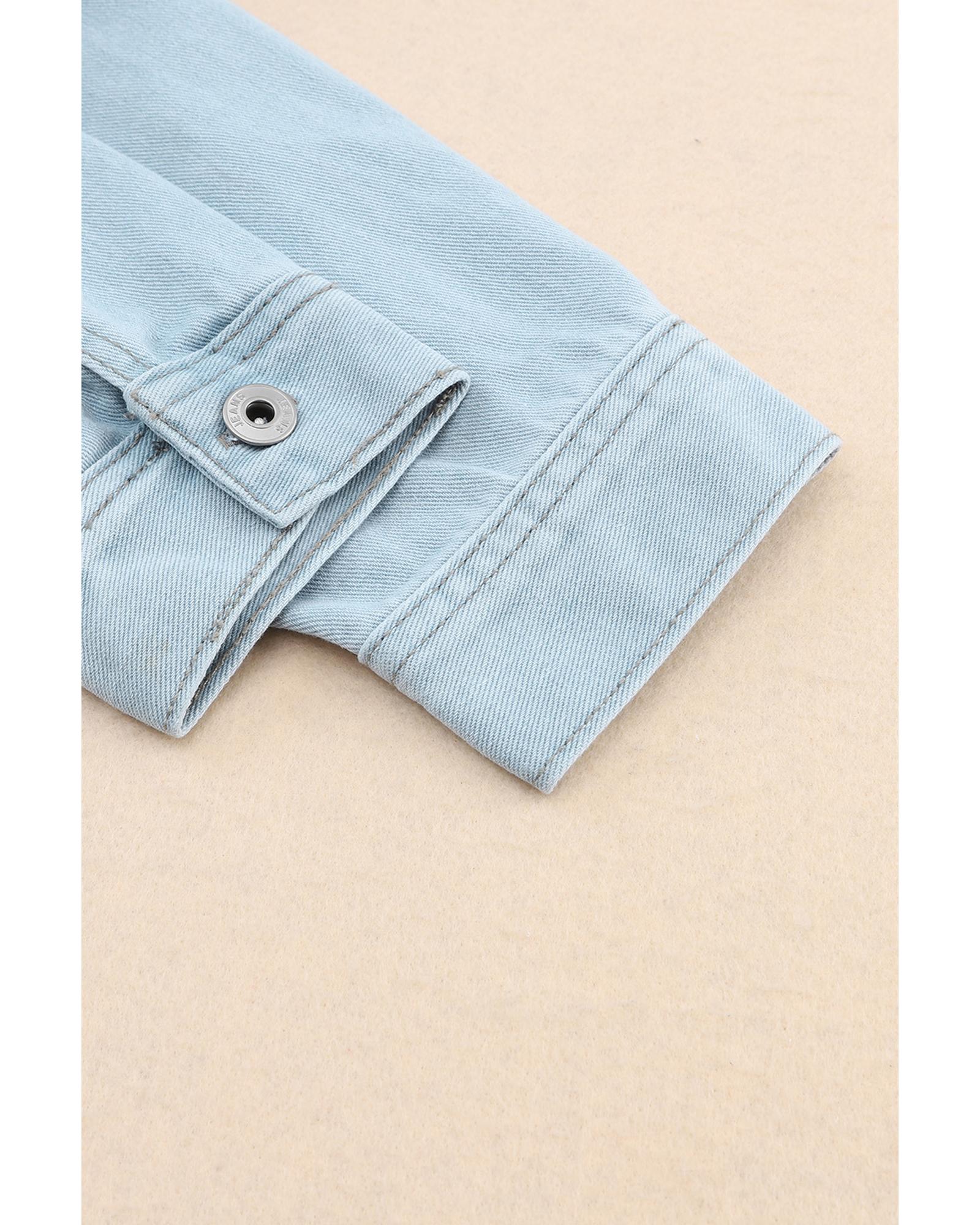 Sky Blue Flap Pocket Buttoned Raw Hem Denim Jacket - L 3