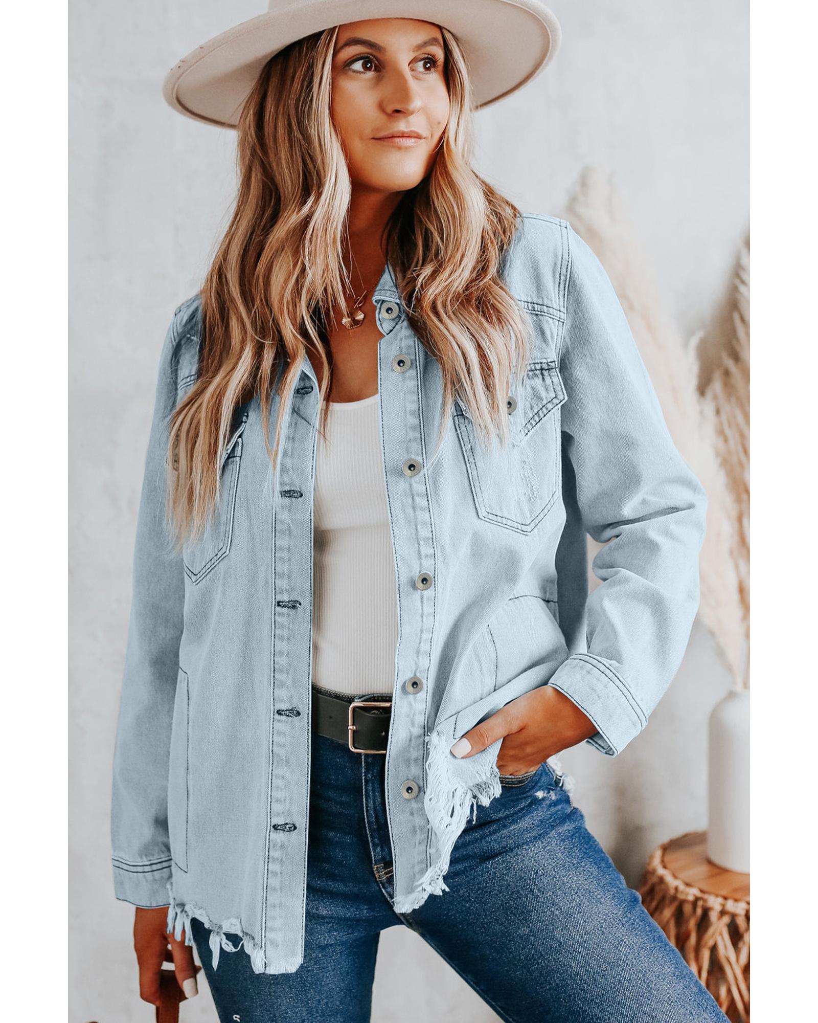 Sky Blue Flap Pocket Buttoned Raw Hem Denim Jacket - L 6