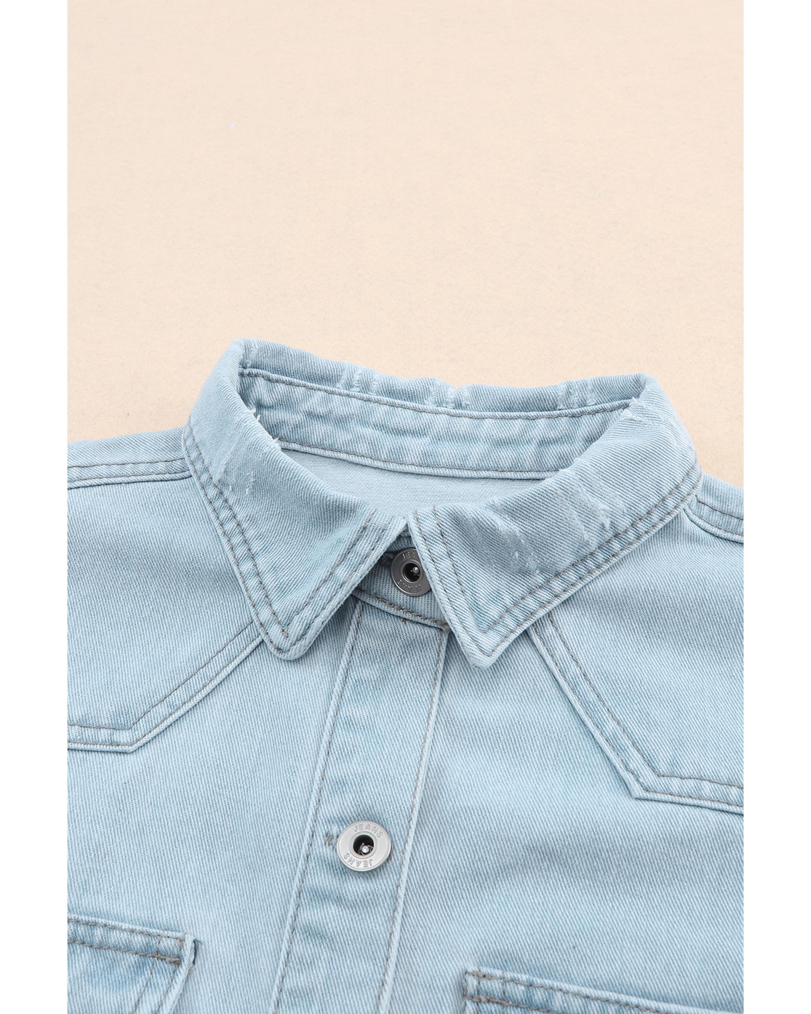Sky Blue Flap Pocket Buttoned Raw Hem Denim Jacket - L 8