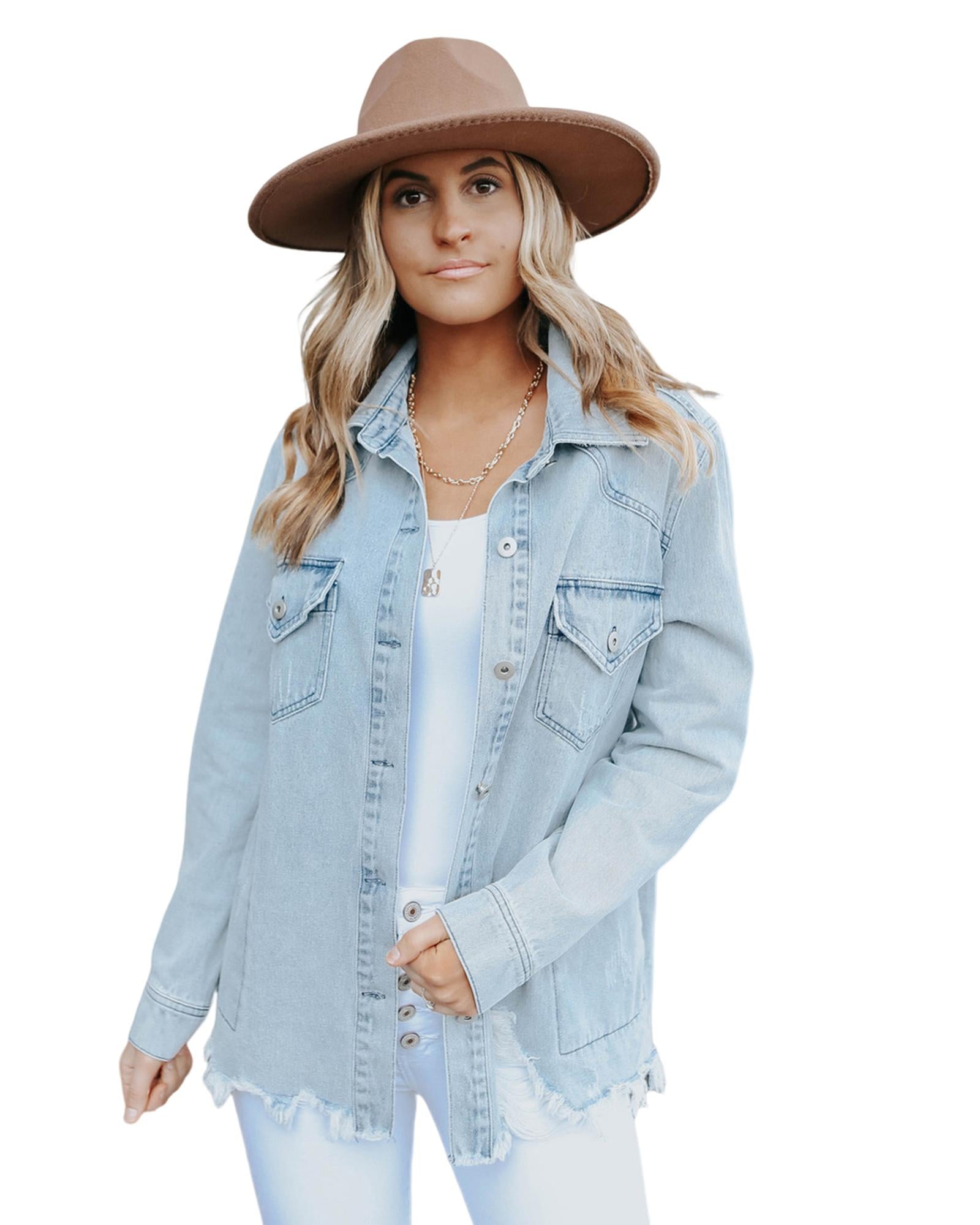 Sky Blue Flap Pocket Buttoned Raw Hem Denim Jacket - M