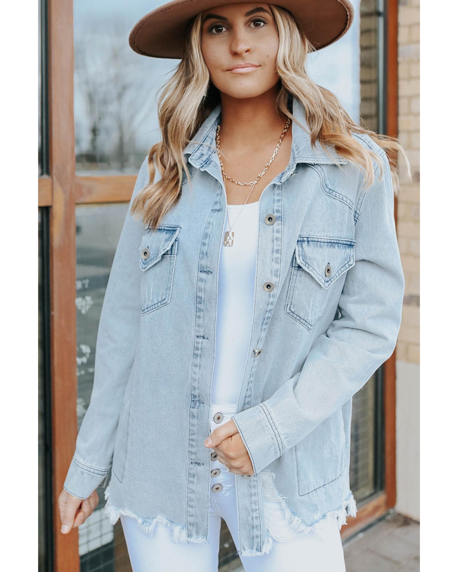 Sky Blue Flap Pocket Buttoned Raw Hem Denim Jacket - M 4