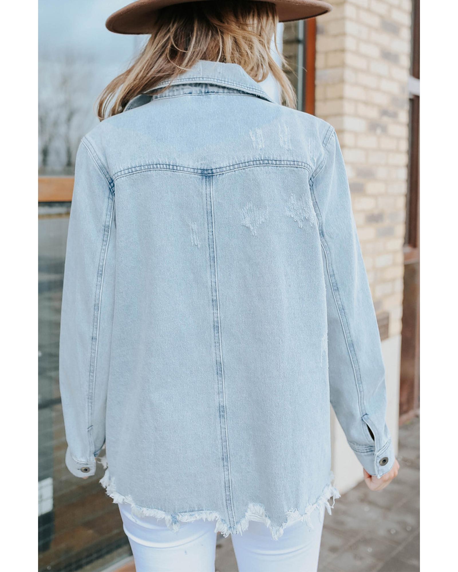 Sky Blue Flap Pocket Buttoned Raw Hem Denim Jacket - M 5