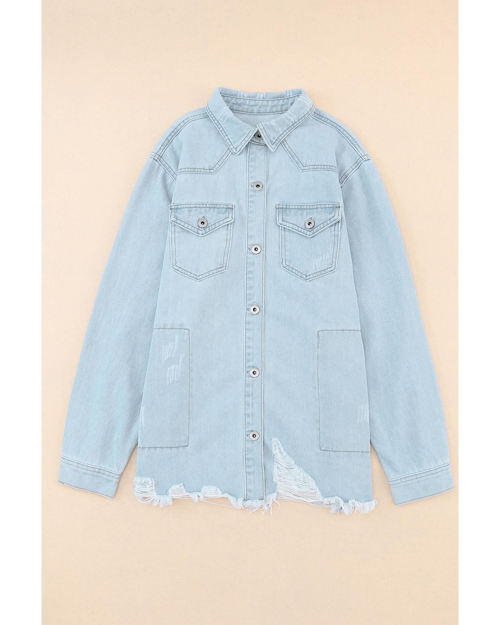 Sky Blue Flap Pocket Buttoned Raw Hem Denim Jacket - M 7