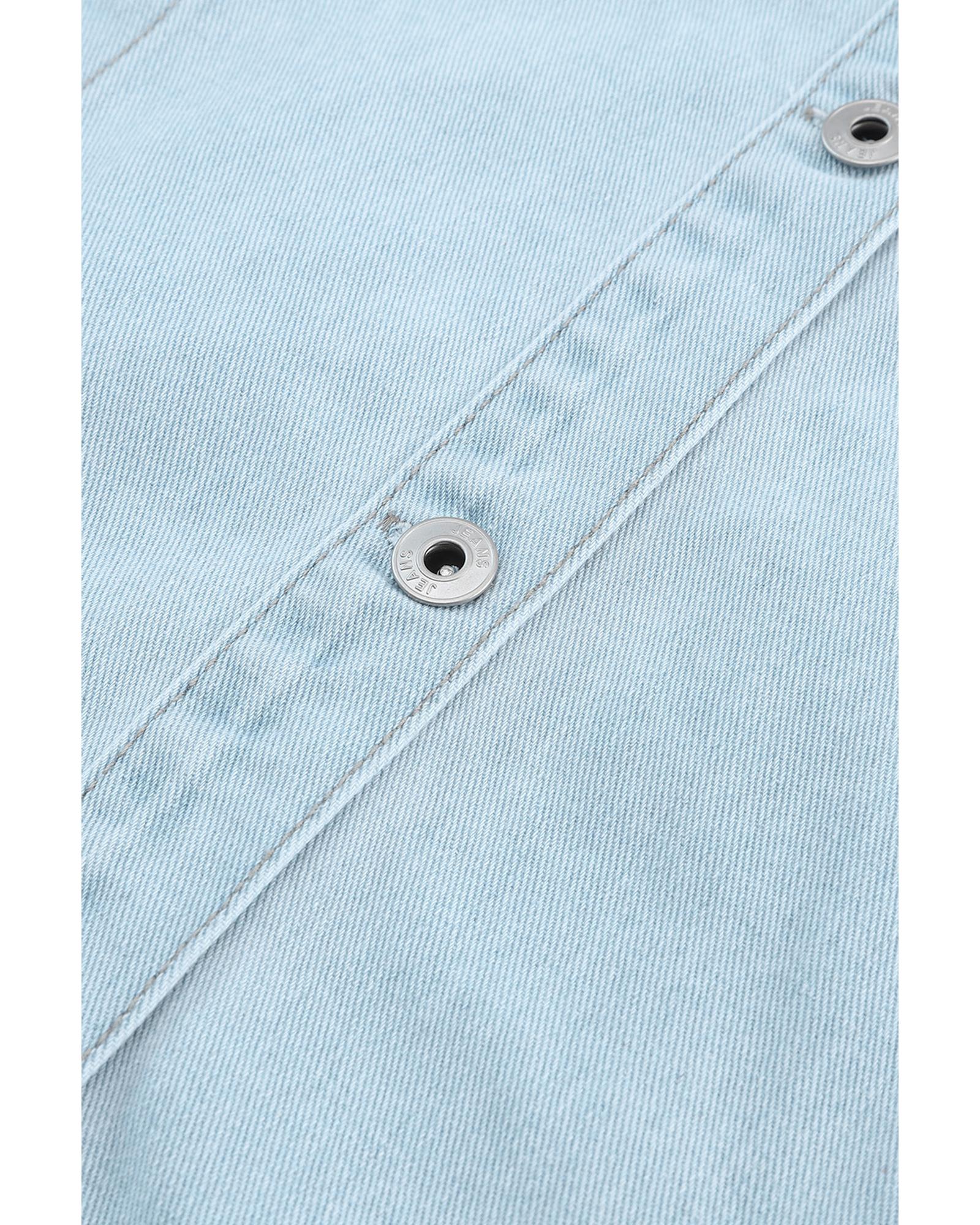 Sky Blue Flap Pocket Buttoned Raw Hem Denim Jacket - S