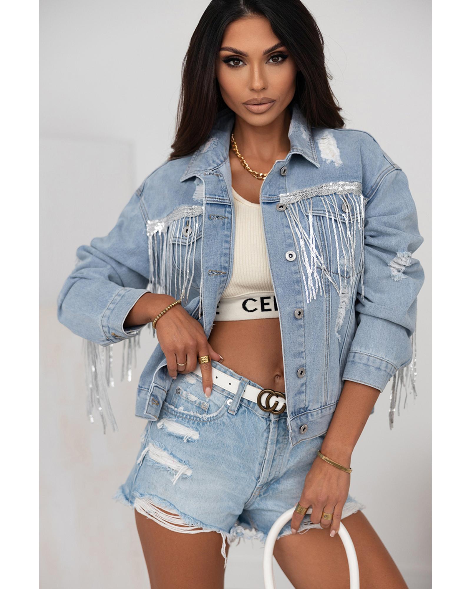 Sky Blue Sequin Embellished Fringe Distressed Denim Jacket - M 4