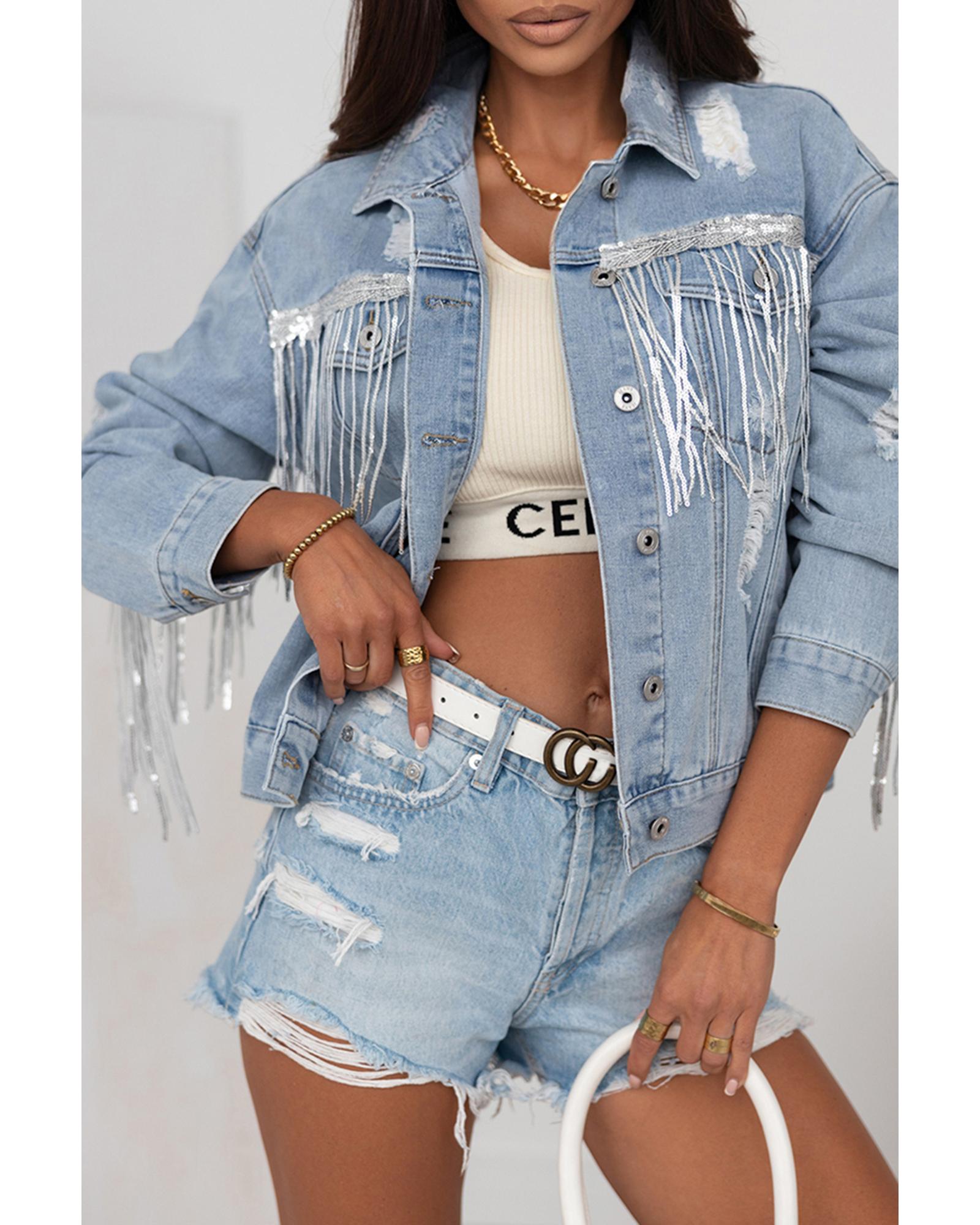Sky Blue Sequin Embellished Fringe Distressed Denim Jacket - S