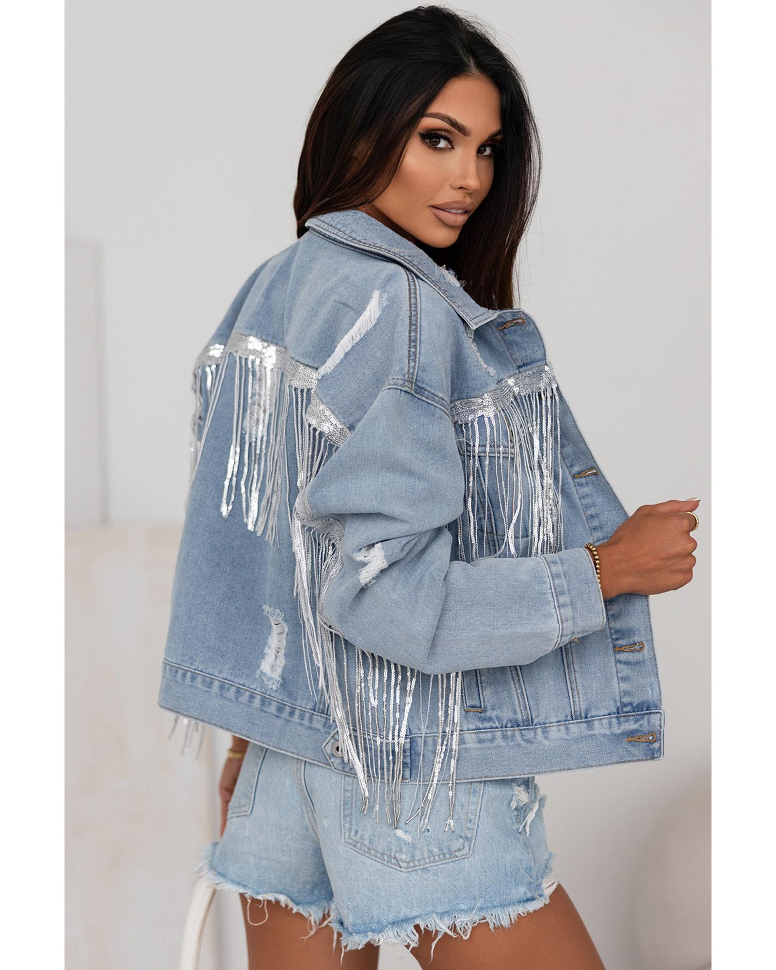 Sky Blue Sequin Embellished Fringe Distressed Denim Jacket - S