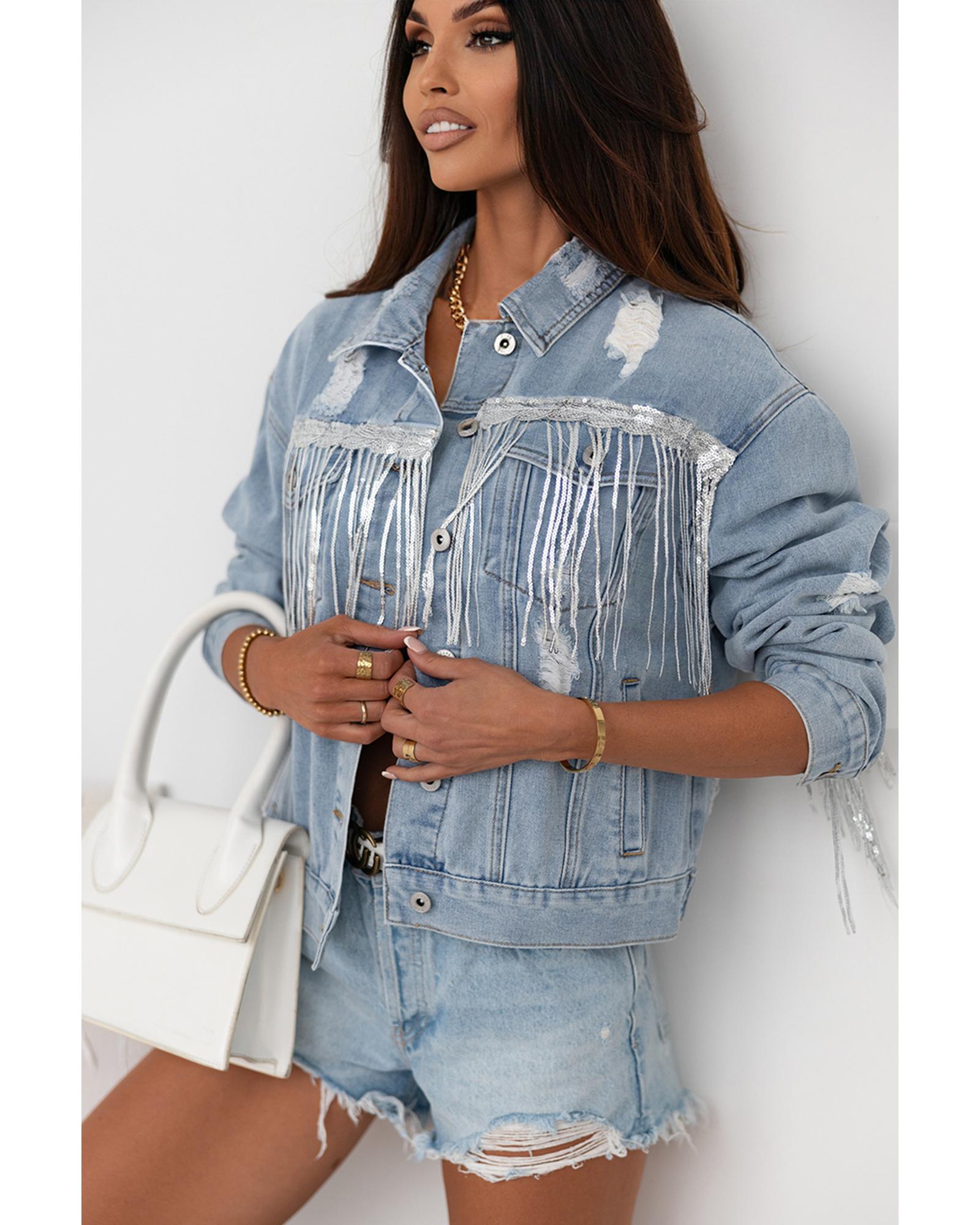 Sky Blue Sequin Embellished Fringe Distressed Denim Jacket - XL 3