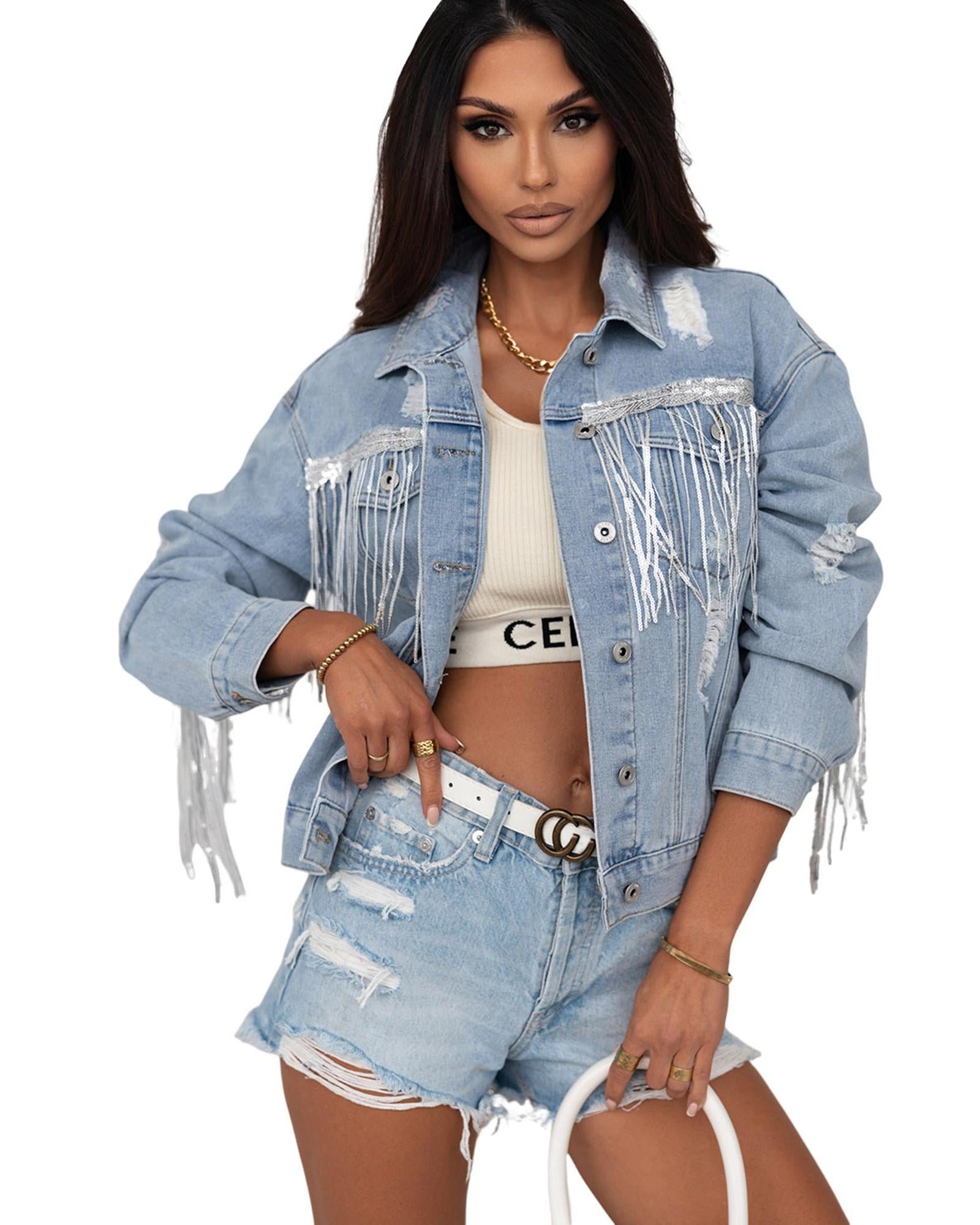 Sky Blue Sequin Embellished Fringe Distressed Denim Jacket - XL 6