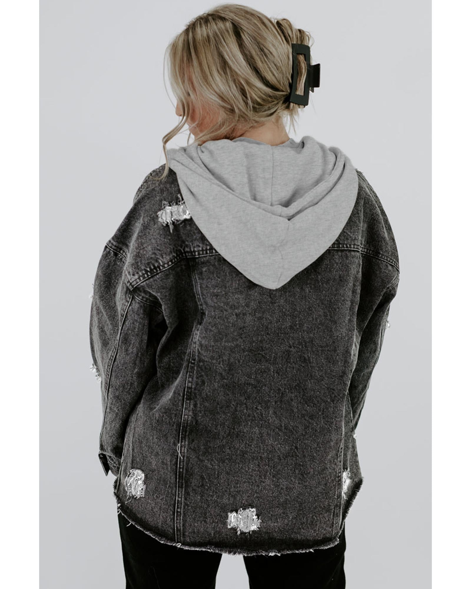 Black Drawstring Hooded Frayed Denim Jacket - XL