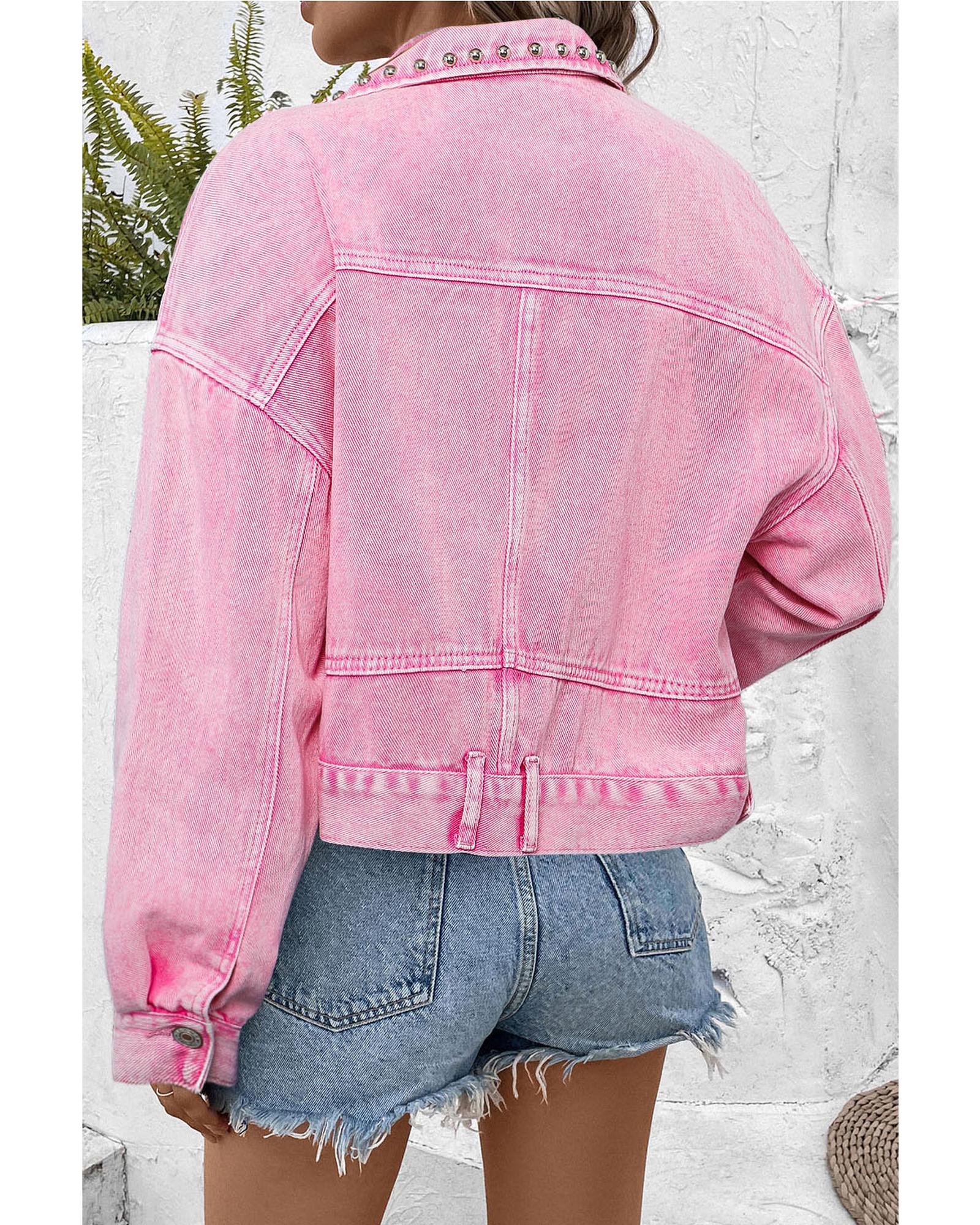 Pink Rivet Studded Pocketed Denim Jacket - M