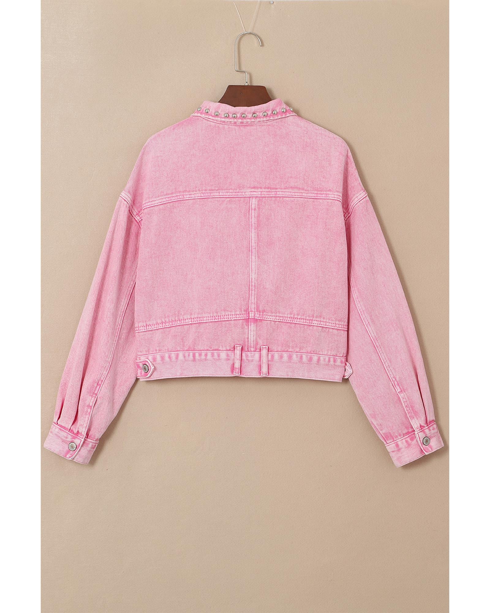Pink Rivet Studded Pocketed Denim Jacket - XL