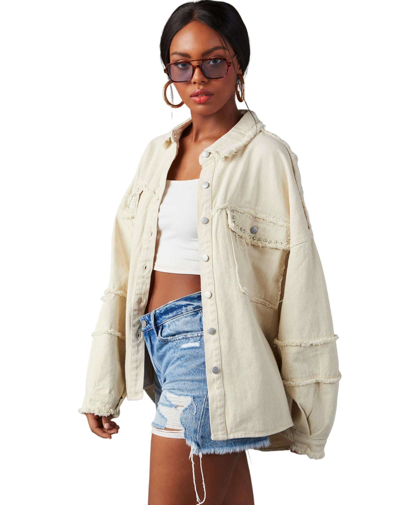 White Frayed Exposed Seam Denim Jacket - S 7