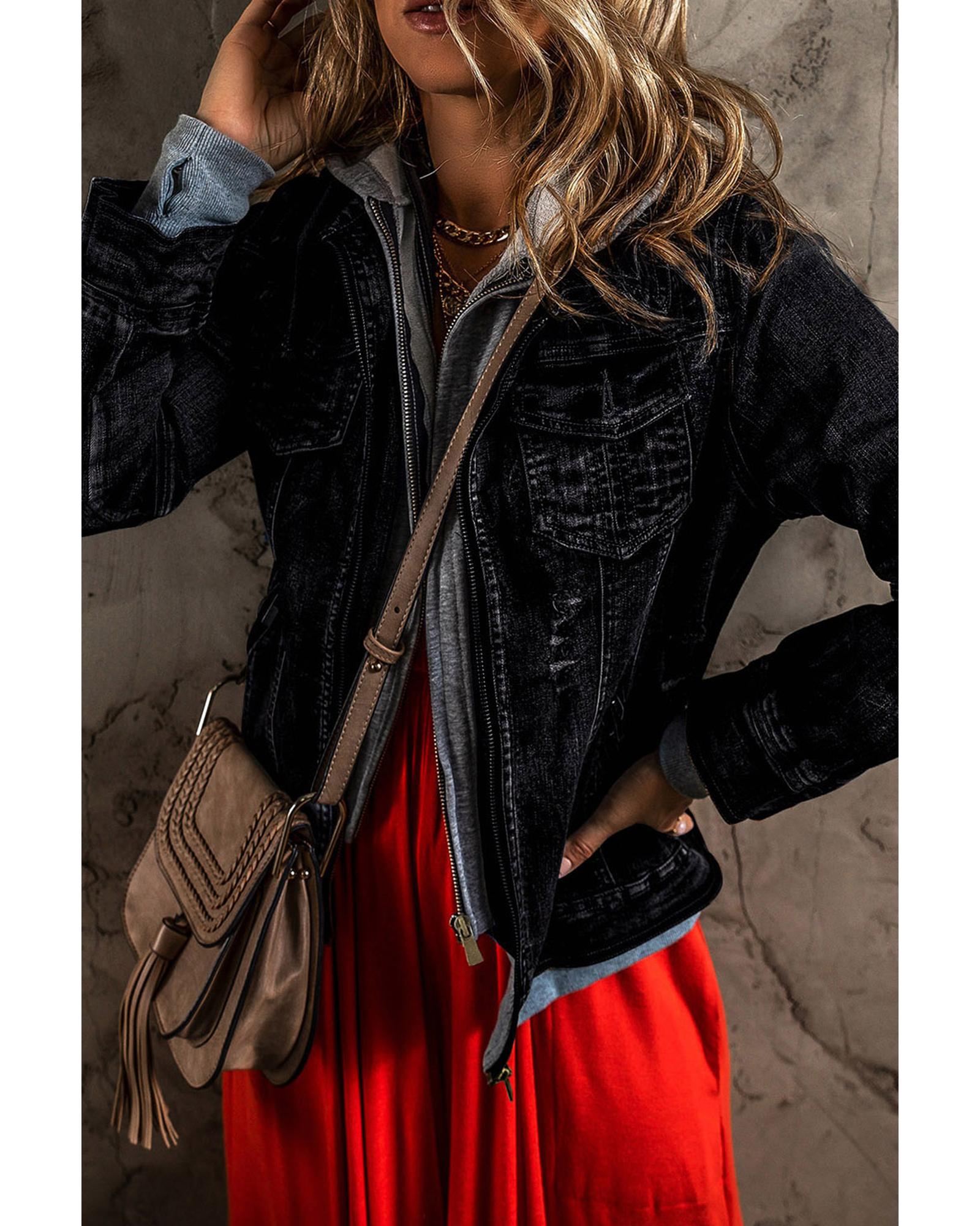 Black Fake Two-Piece Hooded Zip-Up Denim Jacket - L