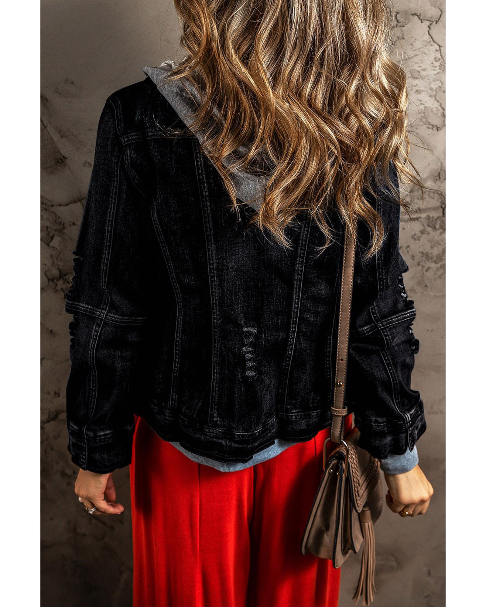 Black Fake Two-Piece Hooded Zip-Up Denim Jacket - XL