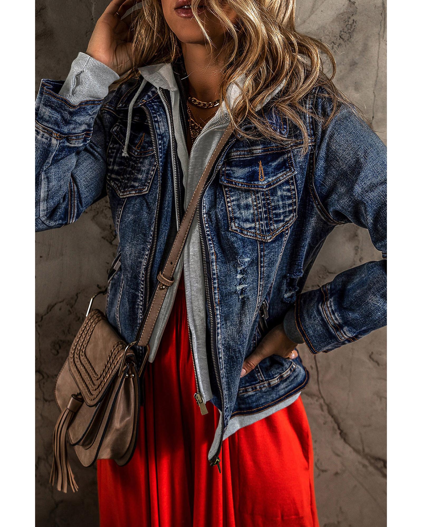 Dark Blue Fake Two-Piece Hooded Zip-Up Denim Jacket - 2XL 4