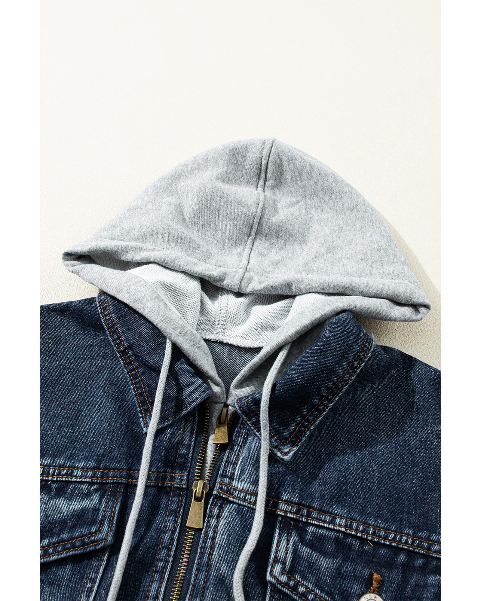Dark Blue Fake Two-Piece Hooded Zip-Up Denim Jacket - M 7