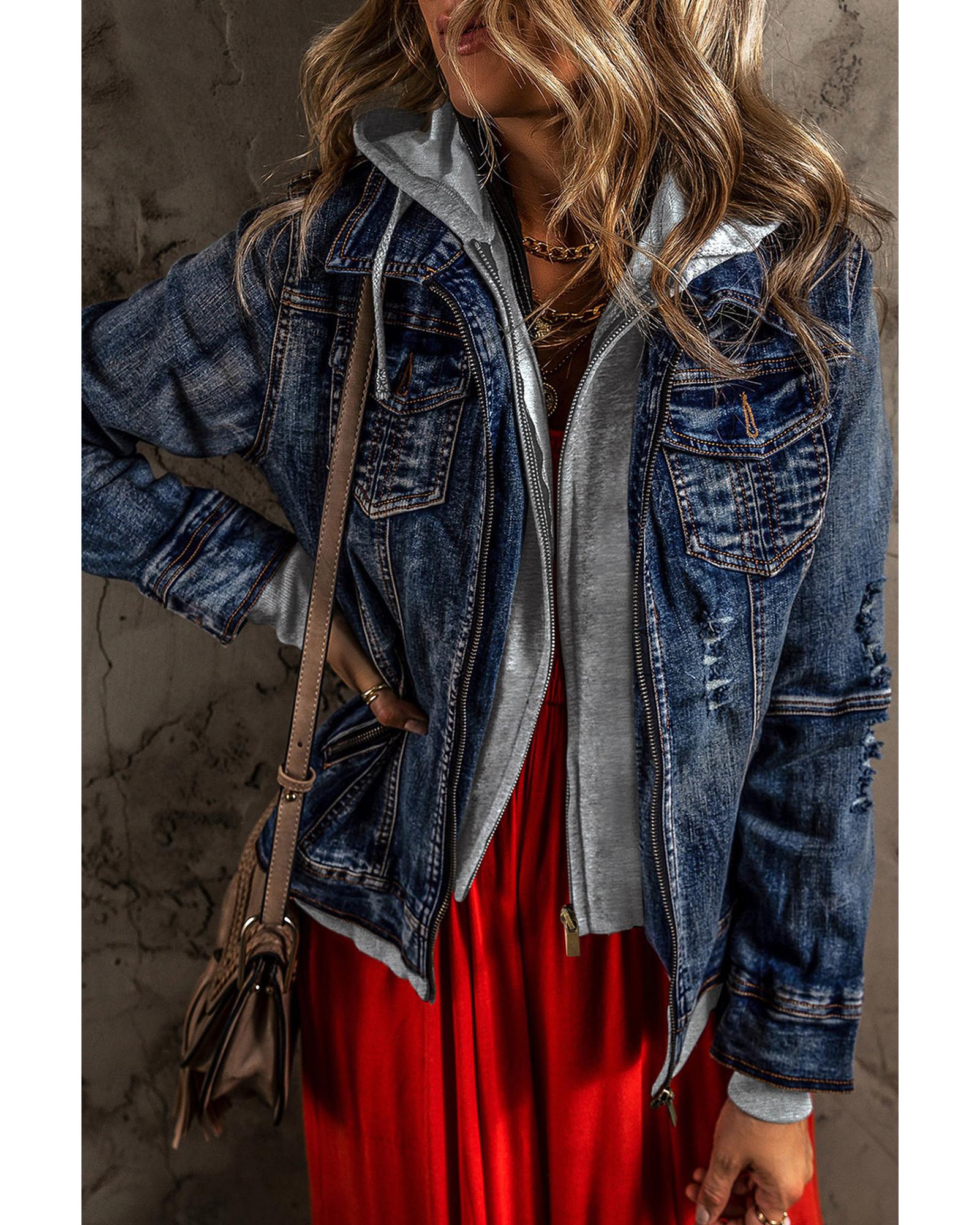 Dark Blue Fake Two-Piece Hooded Zip-Up Denim Jacket - XL 5