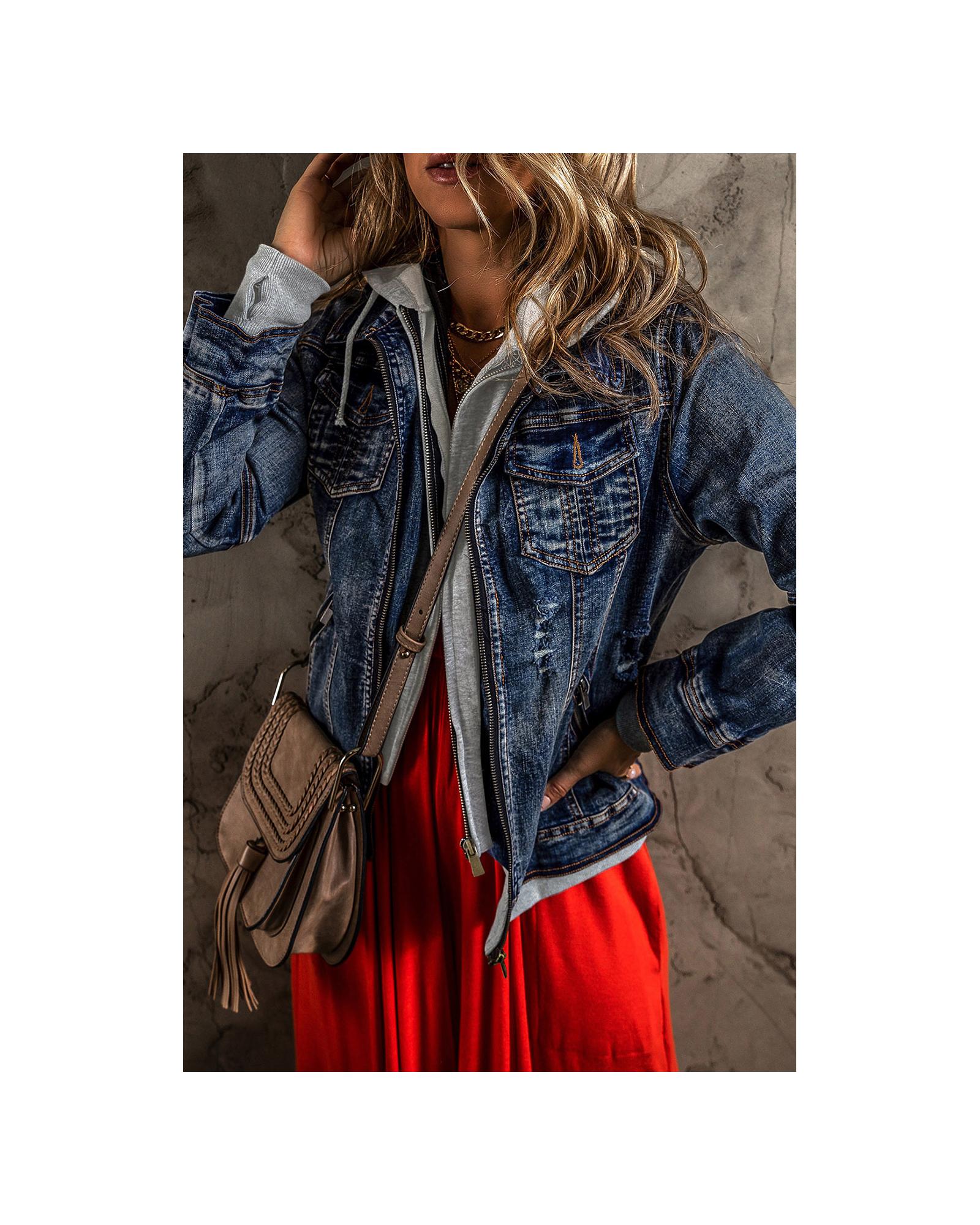 Dark Blue Fake Two-Piece Hooded Zip-Up Denim Jacket - XL 6