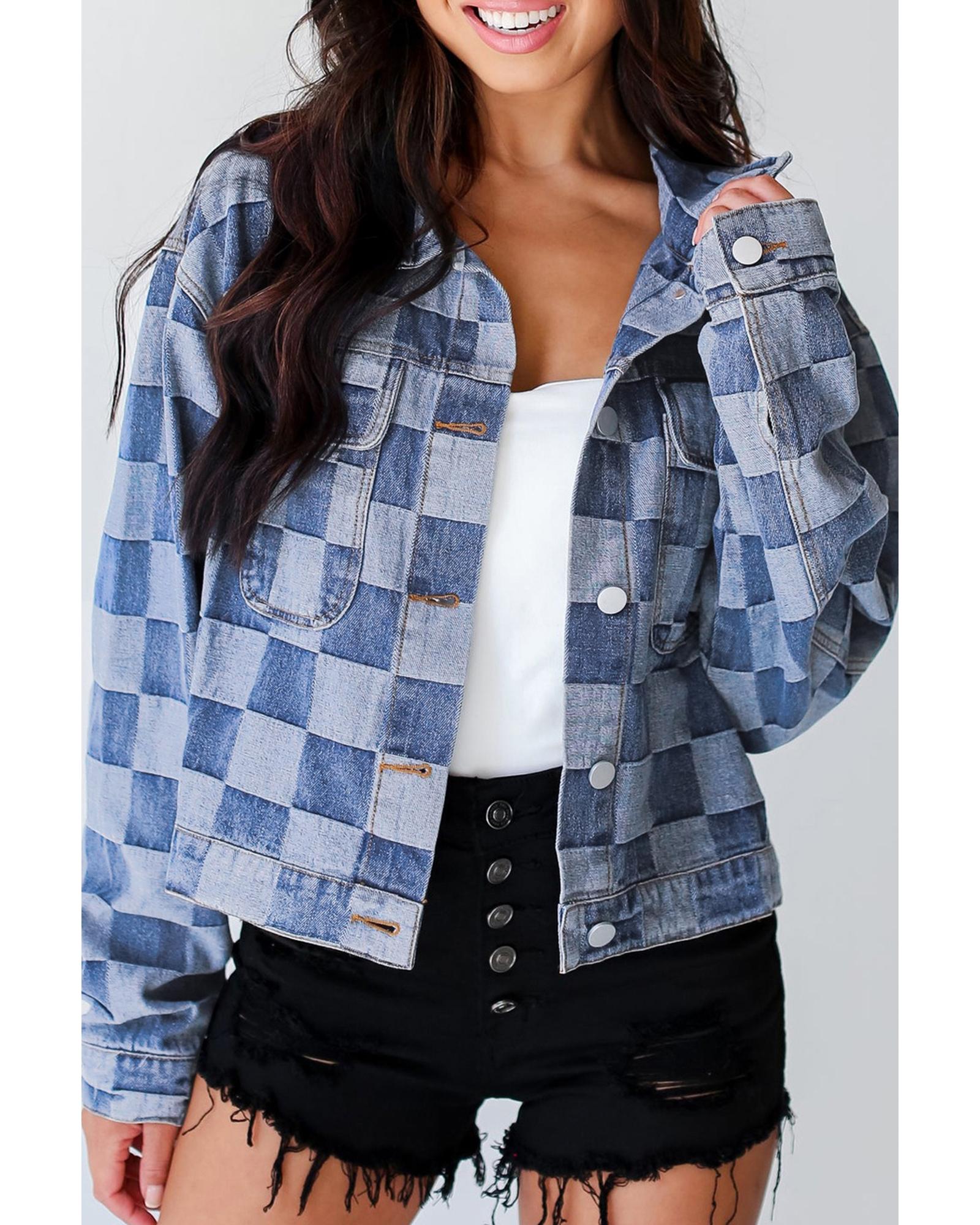 Light Blue Checkered Patchwork Button up Denim Jacket - L