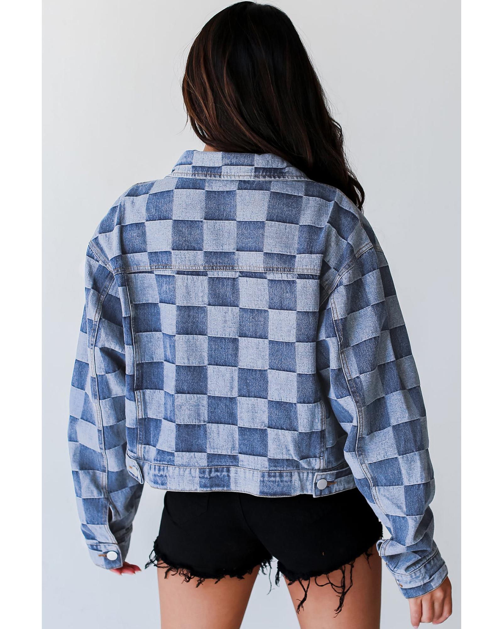 Light Blue Checkered Patchwork Button up Denim Jacket - M 5