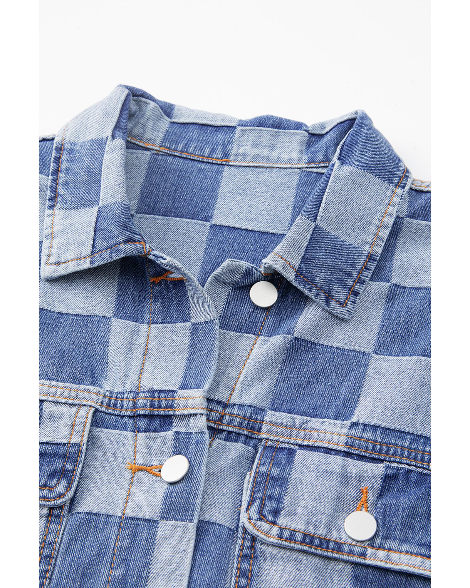 Light Blue Checkered Patchwork Button up Denim Jacket - M 6