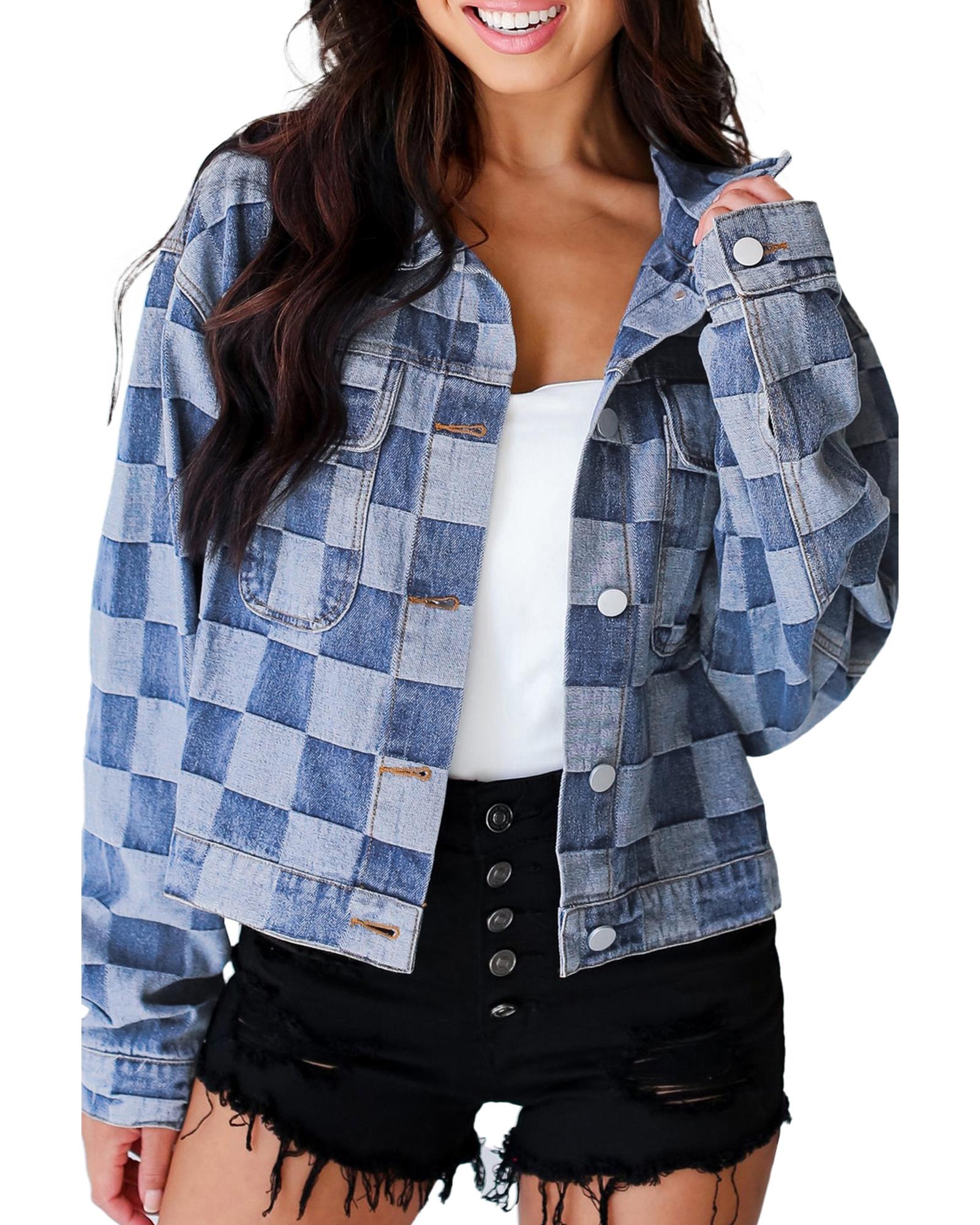 Light Blue Checkered Patchwork Button up Denim Jacket - M 8