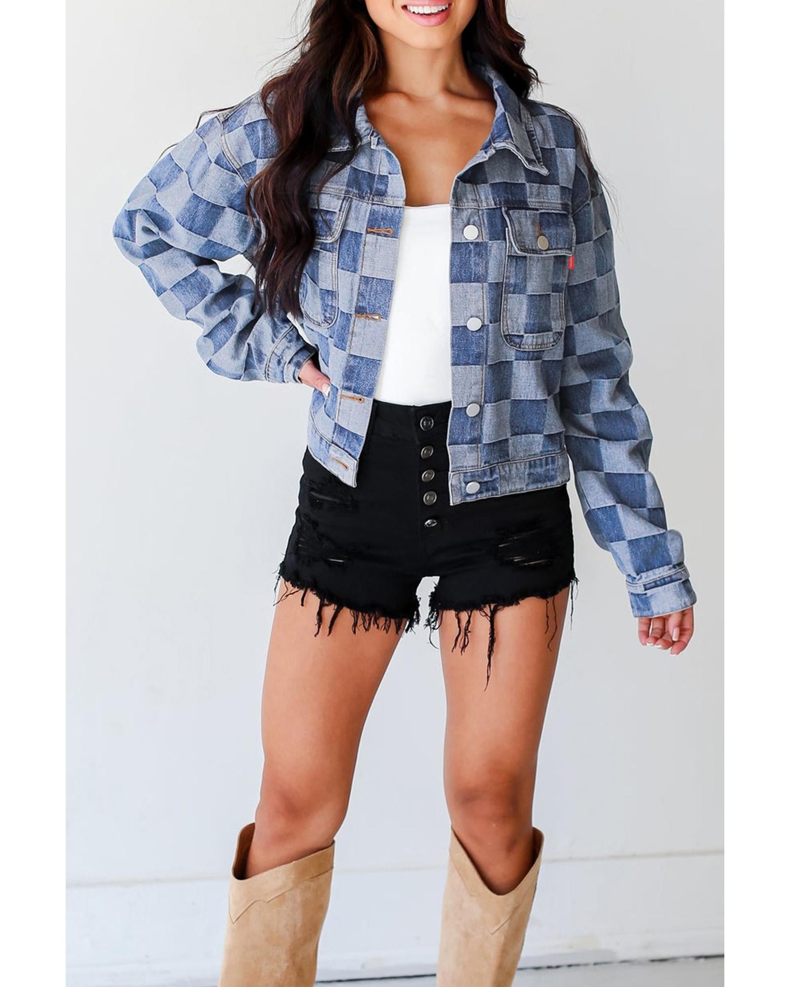 Light Blue Checkered Patchwork Button up Denim Jacket - S 3