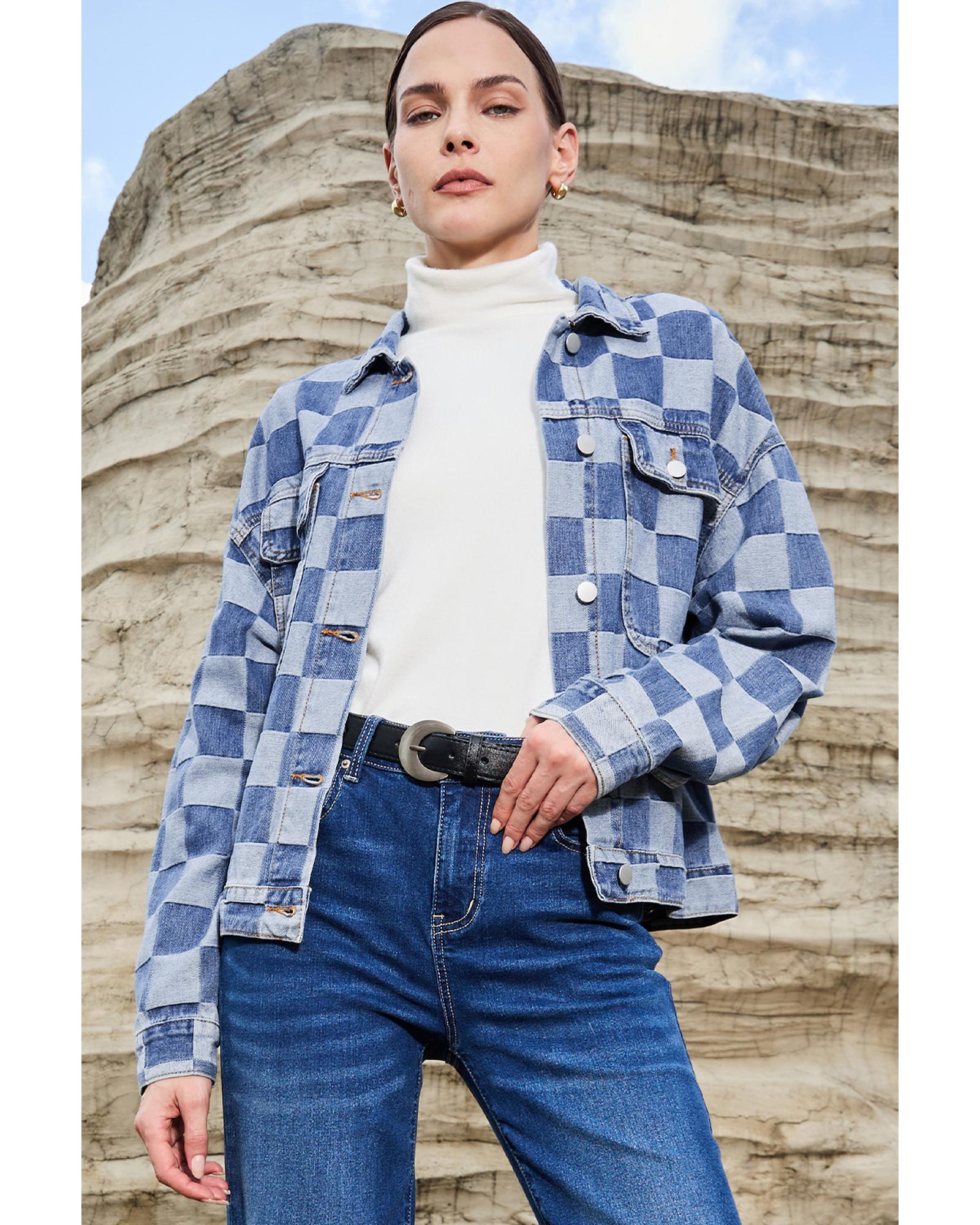 Light Blue Checkered Patchwork Button up Denim Jacket - S 7
