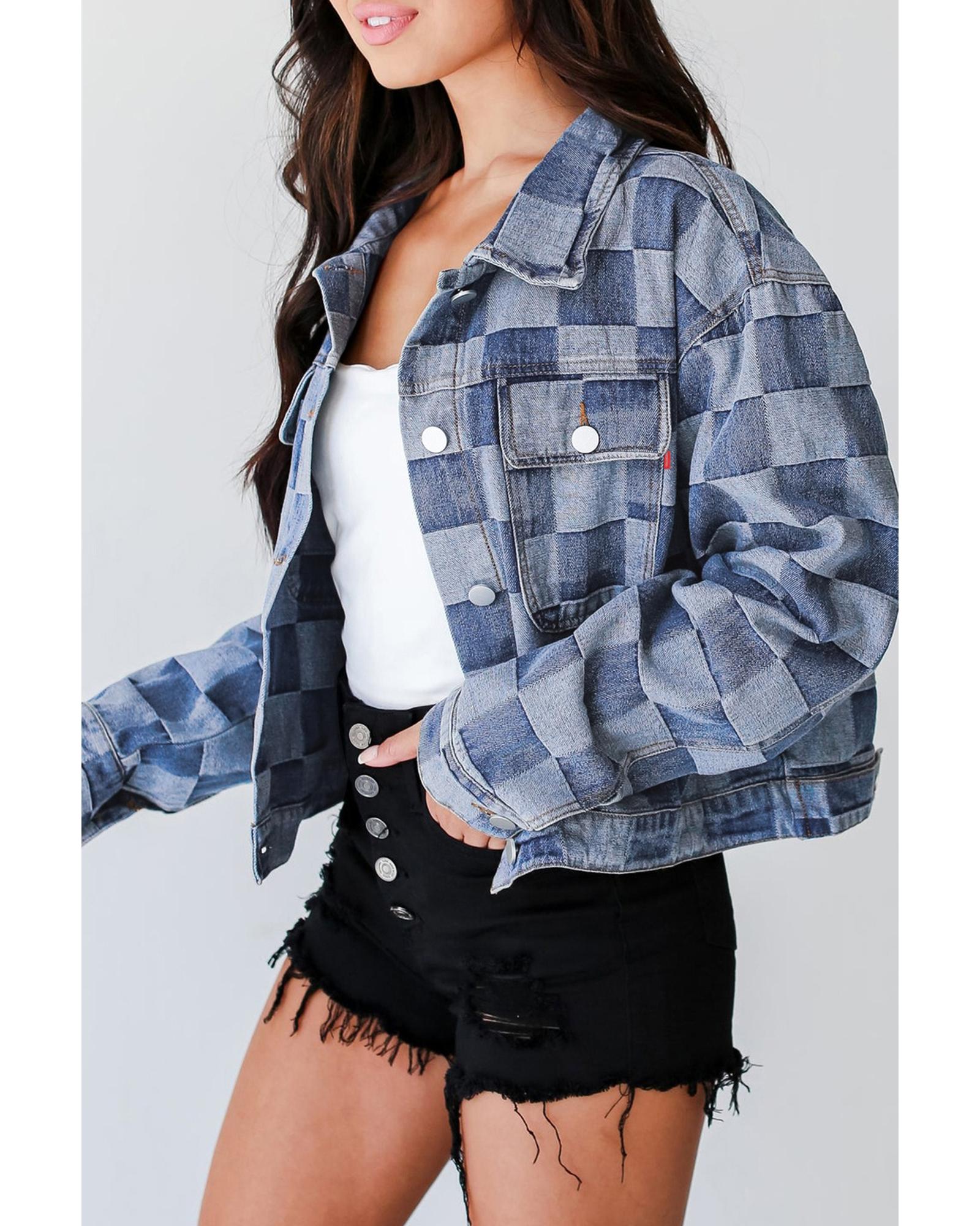 Light Blue Checkered Patchwork Button up Denim Jacket - XL 4